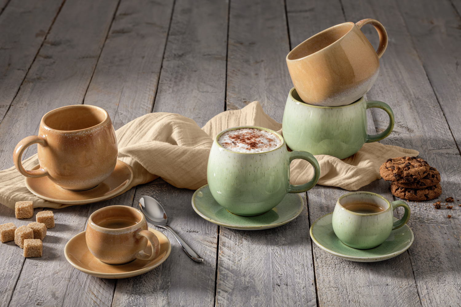 Set de 6 cești de cafea din porțelan VEGA Cascais, 400 ml, Culoare Cais cu Gradient și Pete Irregulate, Sigure la Mașina de Spălat Vase și Cuptor cu Microunde