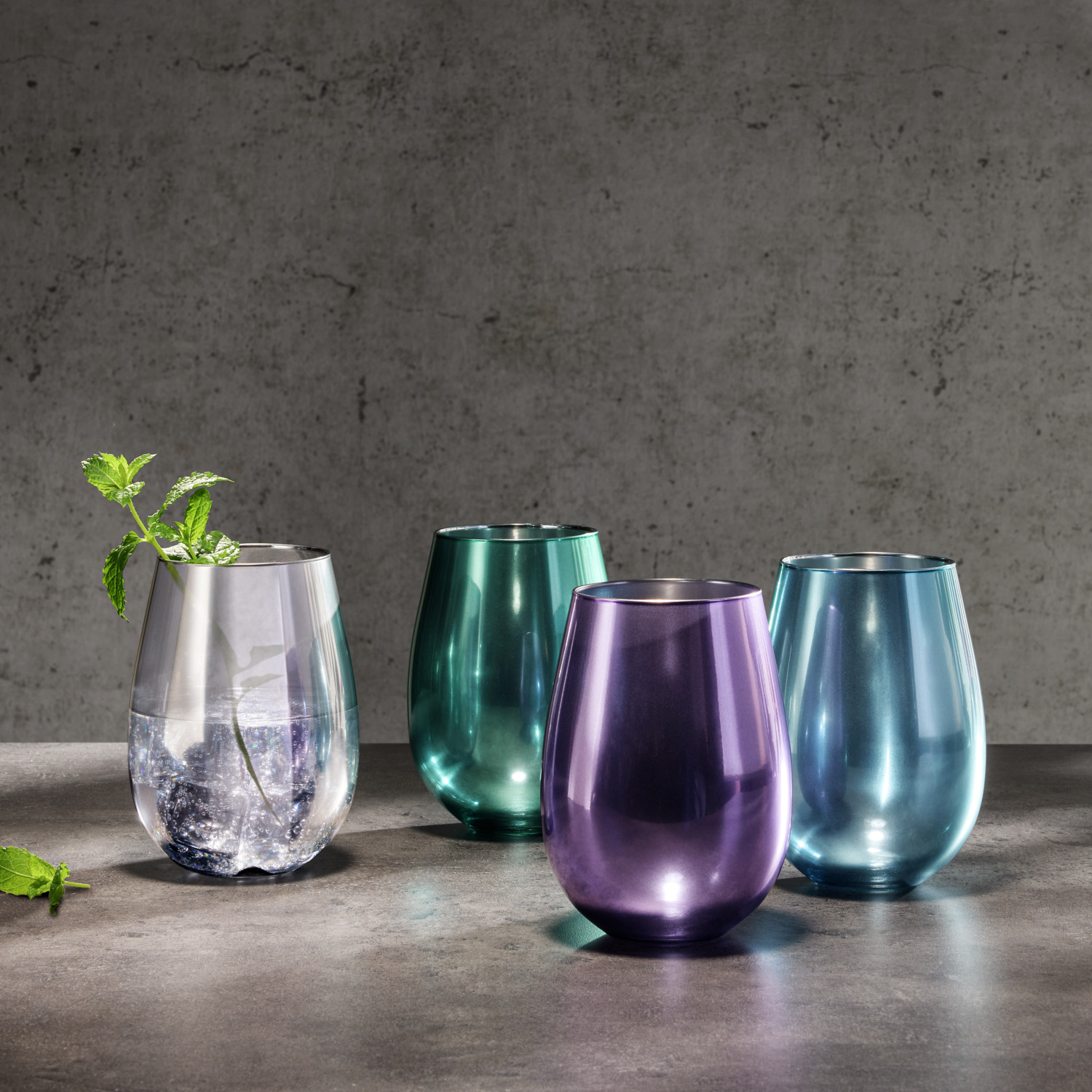 Vega Lusini Aluna Universal Drinking Glass Set of 6, 500 ml, Blue Metallic Effect Finish, Dishwasher Safe Glassware