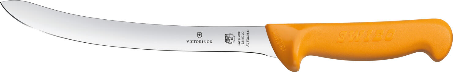 Victorinox Victorinox AG Fish filleting knife Swibo curved, flexible Fischfiletiermesser Swibo gebogen Fish filleting knife Swibo curved, flexible; Blade length 20 cm, 33.3 cm (L); silver/orange Fischfiletiermesser Swibo gebogen; Klingenlänge 20 cm, 33.3 cm (L); silber/orange SWIBO A SIGNAL COLOR SETS THE TONE - Special handle shape for even more safety when cutting - Precision for perfect cuts - Highly visible handles in signal color The Swibo collection stands for optimum safety in the kitchen. When things get busy at work, knives can often be lost or misused. That's why these knives have a bright orange handle that simply catches the eye. The sharp, polished blade easily masters any kitchen task, but is protected by the handle, which is slightly wider at the transition to the blade and gives you more control and precision. A collection with a focus on safety for professional chefs and private households. Knife handle: Polyamide is extremely robust and combines exceptional rigidity with high impact resistance. It is very abrasion-resistant, has good sliding properties, can be sterilized and can withstand temperatures of up to 110°C. SWIBO EINE SIGNALFARBE GIBT DEN TON AN - Spezielle Griffform für noch mehr Sicherheit beim Schneiden - Präzision für perfekte Schnitte - Gut sichtbare Griffe in Signalfarbe Die Swibo Kollektion steht für optimale Sicherheit in der Küche. Wenn es bei der Arbeit hoch her geht, können Messer oft verloren oder zweckentfremdet werden. Deshalb haben diese Messer einen Griff in leuchtendem Orange, das einfach ins Auge fällt. Die scharfe, polierte Klinge meistert ganz einfach jede Küchenaufgabe, wird jedoch vom Griff geschützt, der am Übergang zur Klinge etwas breiter gehalten ist und Ihnen mehr Kontrolle und Präzision an die Hand gibt. Eine Kollektion mit Fokus auf Sicherheit für Profiköche und Privathaushalte. Messer Griff: Polyamid ist extrem robust und kombiniert außergewöhnliche Steifigkeit mit hoher Schlagfestigkeit. Es ist sehr abriebfest, besitzt gute Gleiteigenschaften, kann sterilisiert werden und hält Temperaturen von bis zu 110 °C stand.