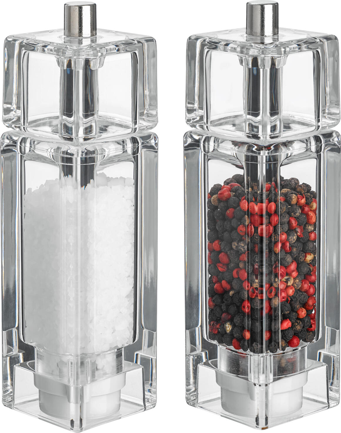 VEGA LUSINI Solutions GmbH Salt and pepper mill set Walker angular Salz- & Pfeffermühlen-Set Walker eckig Salt and pepper mill set Walker angular; 4.5x16.5x4.5 cm (WxHxD); transparent Salz- & Pfeffermühlen-Set Walker eckig; 4.5x16.5x4.5 cm (BxHxT); transparent Salt and pepper mill made of transparent acrylic glass. Robust ceramic grinder for the salt mill and carbon steel grinder for the pepper mill. Uncomplicated filling with salt and pepper. Supplied without contents. Durable. Functional. Salz- und Pfeffermühle aus transparentem Acrylglas. Robustes Keramik-Mahlwerk bei der Salzmühle und Carbon-Stahl-Mahlwerk bei der Pfeffermühle. Unkomplizierte Befüllung mit Salz und Pfeffer. Lieferung ohne Inhalt. Langlebig. Funktional.