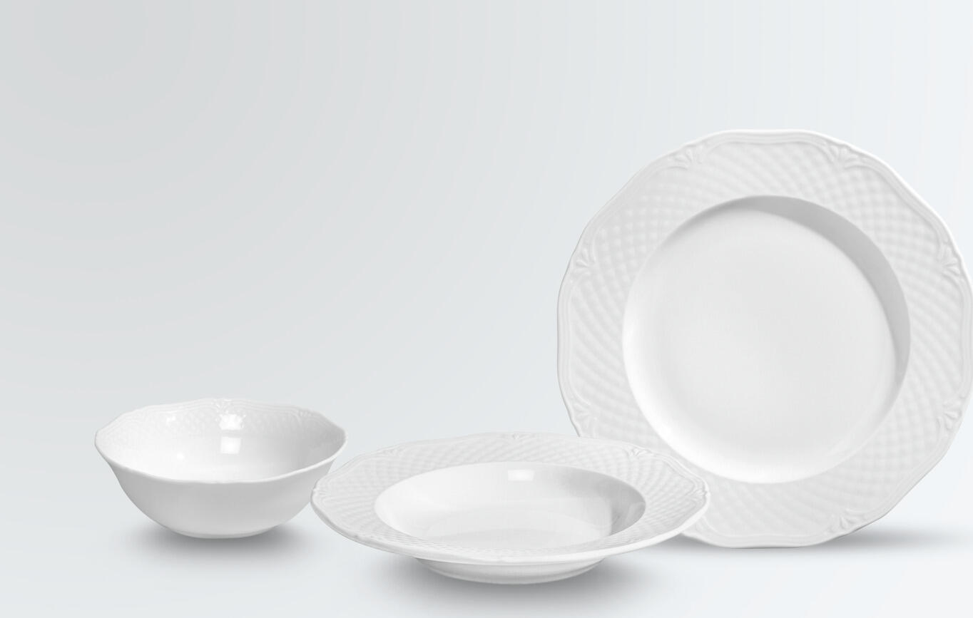 VEGA LUSINI Solutions GmbH Porcelain sample set Zürich 3-piece Mustergarnitur Porzellan Zürich 3-teilig Porcelain sample set Zürich 3-piece; white Mustergarnitur Porzellan Zürich 3-teilig; weiß Use our sample service. The following samples are included: Flat plate, Ø 27 cm Deep plate Ø 22.5 cm Small bowl ØxH 14x4.5 cm Sample items require a deposit but this will be refunded if the samples are not what you are looking for. Please get in touch with our customer service team for more details. Nutzen Sie unseren Musterservice. Folgende Muster sind enthalten: Teller flach Ø 27 cm Teller tief Ø 22,5 cm Schälchen ØxH 14x4,5 cm Musterartikel sind mit einer Schutzgebühr bepreist, bei Nichtgefallen erstatten wir Ihnen die Schutzgebühr zurück. Bitte nehmen Sie hierzu Kontakt zu unserem Kundenservice auf.