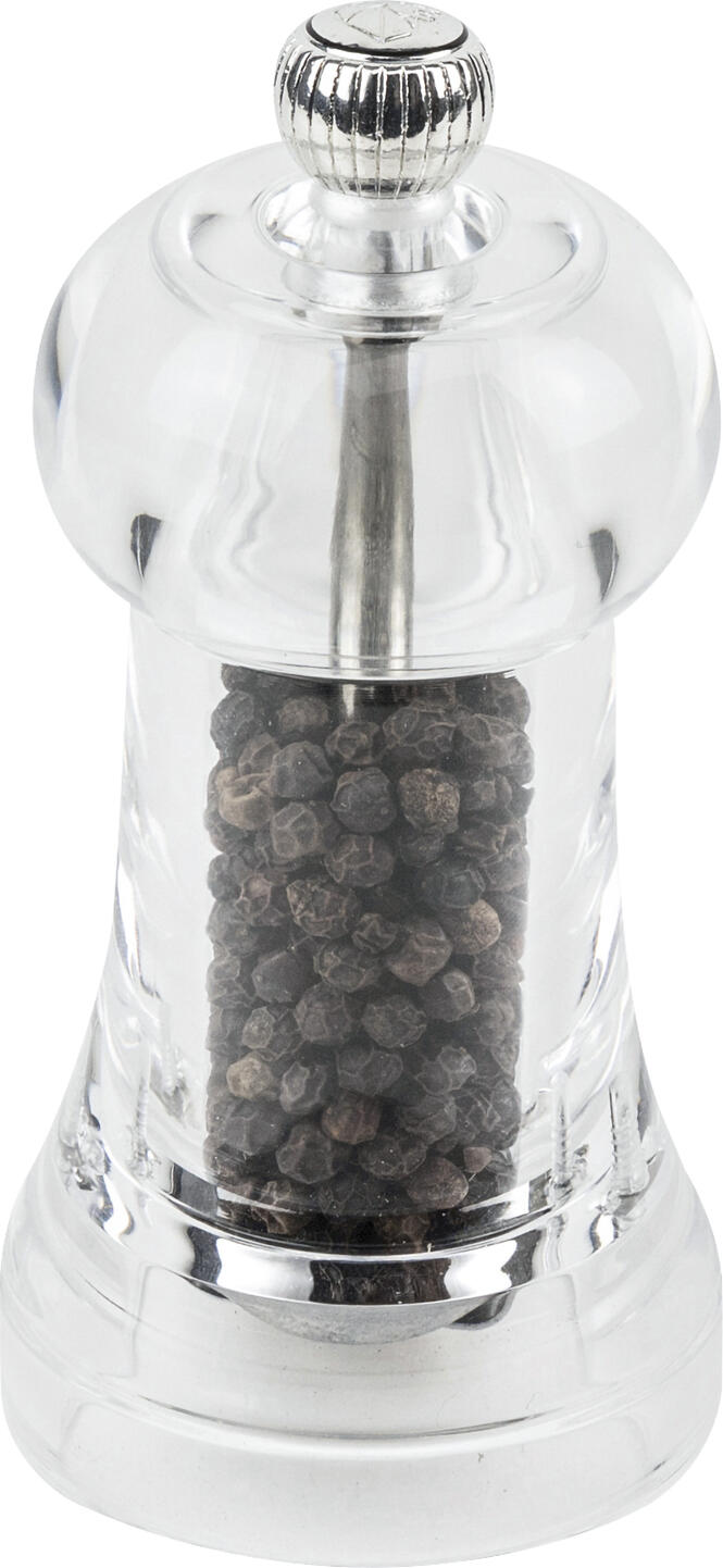 Pepper mill Toul Pfeffermühle Toul Pepper mill Toul; 11 cm (H); transparent Pfeffermühle Toul; 11 cm (H); transparent Classic and timeless, this Peugeot pepper mill in transparent acrylic has long been a favorite among chefs and culinary enthusiasts. The exclusive hardened steel pepper-specific grinder is designed to subtly reveal the exceptional scents and flavors of this spice. At the same time, the small adjustment knob on the head of the mill allows you to set individual grinds: The tighter the knob is turned closed, the finer the result. For example, peppercorns or coriander seeds can be refined as desired - and then enjoyed naturally: Peugeot takes you on a culinary journey to the multifaceted nuances and aromas that the numerous pepper varieties carry within them. Klassisch und zeitlos ist diese Peugeot-Pfeffermühle aus transparentem Acryl, seit langem ein Favorit bei Köchen und kulinarischen Enthusiasten. Das exklusive pfefferspezifische Mahlwerk aus gehärtetem Stahl wurde entwickelt, um die außergewöhnlichen Düfte und Aromen dieses Gewürzes auf subtile Weise zu enthüllen. Gleichzeitig ermöglicht der kleine Einstellungsknopf am Kopf der Mühle es, individuelle Mahlgrade einzustellen: Je fester der Knopf zugedreht wird, desto feiner ist das Ergebnis. So können etwa Pfefferkörner oder Koriandersamen nach Belieben verfeinert – und anschließend natürlich genossen werden: Peugeot nimmt Sie mit auf eine kulinarische Reise zu den facettenreichen Nuancen und Aromen, die die zahlreichen Pfeffersorten in sich tragen.