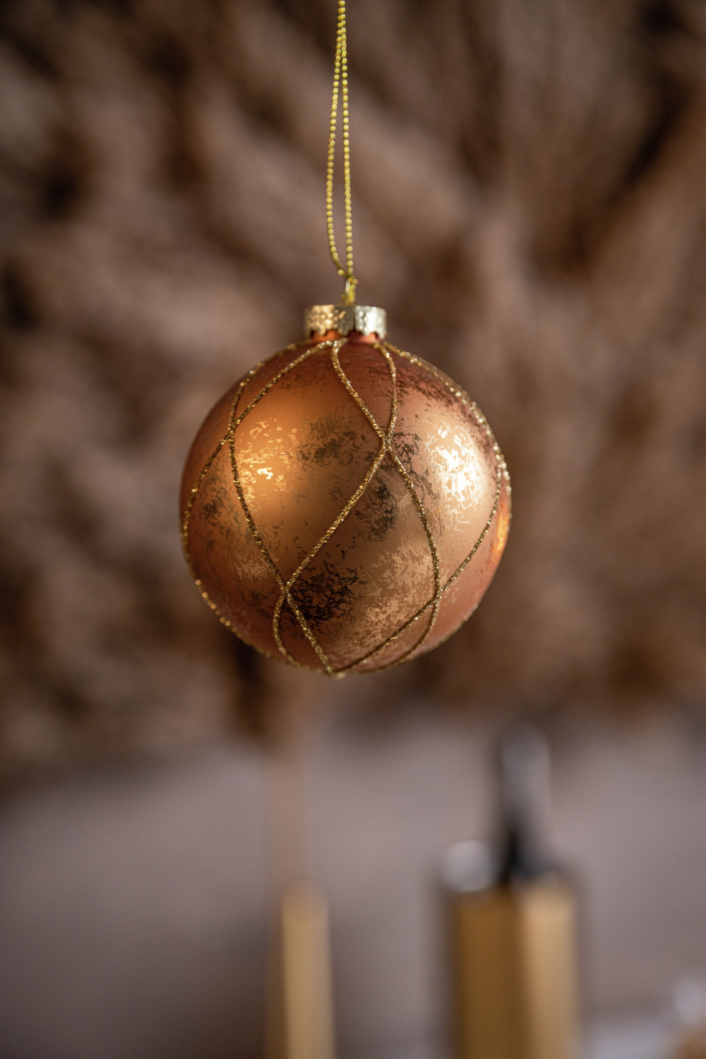 Vega Takara Glass Christmas Baubles, 8 cm Diameter, Brown/Gold Color with Glittery Diamond Pattern, Set of 6
