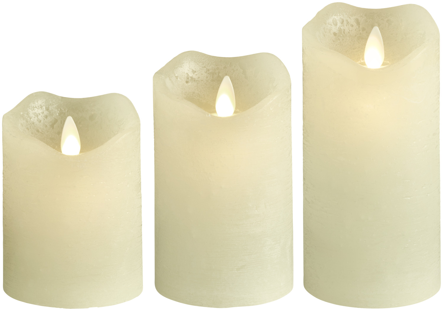 unknown LUSINI Solutions GmbH LED candle set Gardi 3-piece LED-Kerzen-Set Gardi 3-teilig LED candle set Gardi 3-piece; 7.6x15 cm (ØxH); cream white; round LED-Kerzen-Set Gardi 3-teilig; 7.6x15 cm (ØxH); cremeweiß; rund Set of 3 LED real wax candles with flickering wick. With timer function for 4 h and 8 h operation. AA batteries not included. ØxH 7.6x10 cm, 7.6x12 cm and 7.6x15 cm. 3-tlg. Set LED-Echtwachskerzen mit flackerndem Docht. Mit Timerfunktion für 4 h und 8 h Betrieb. AA-Batterien nicht im Lieferumfang enthalten. ØxH 7.6x10, 7.6x12 und 7.6x15 cm.