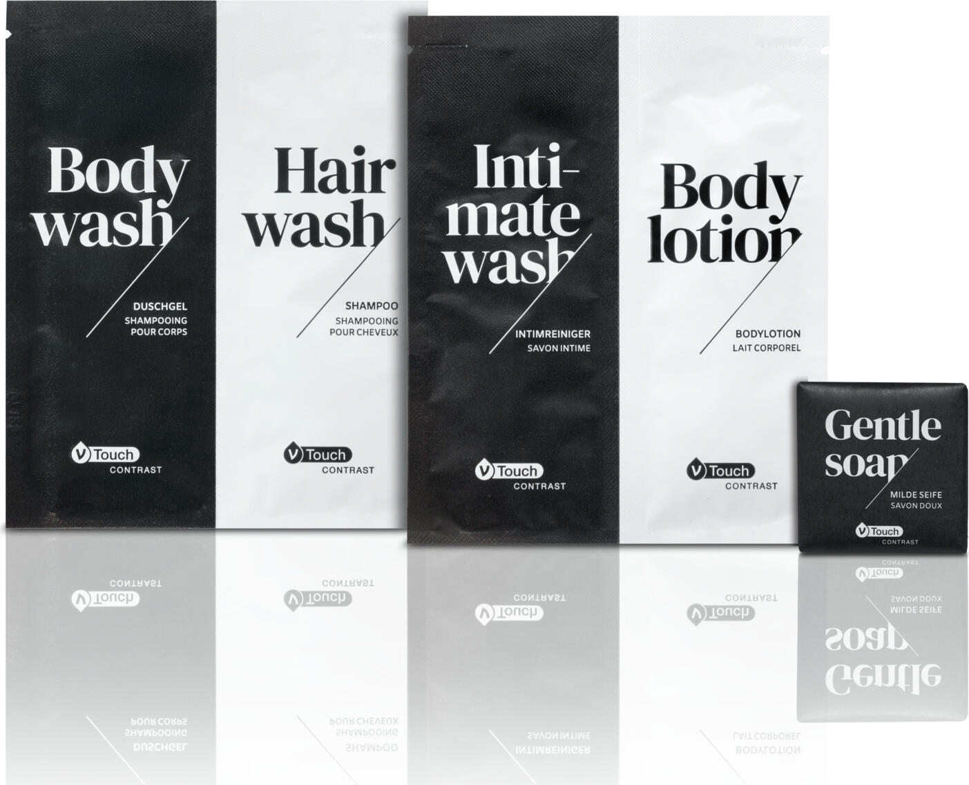 Set V-Touch Contrast Lotione pentru Corp și Cleanser Intim, Pliculete de 12ml, Testat Dermatologic, Fabricat in Italia, Set de 800 piese