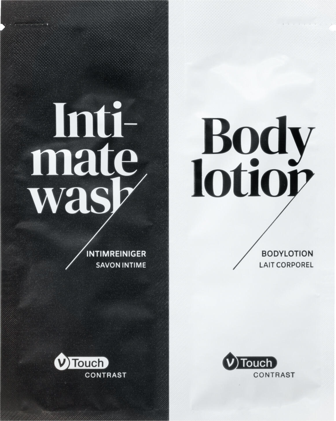 V-Touch LUSINI Solutions GmbH Body lotion & intimate cleanser Contrast Hotel Bodylotion und Intimreiniger Contrast Body lotion & intimate cleanser Contrast; 12 ml; transparent; 800 piece / pack Hotel Bodylotion und Intimreiniger Contrast; 12 ml; transparent; 800 Stück / Pack Mildly nourishing body lotion and intimate cleanser V-Touch Contrast with a subtle fragrance. Suitable for all skin types. The body lotion provides optimum moisture after a bath or shower and makes the skin soft and smooth. With exquisite enrichments: Olive oil, argan oil and ALoe Vera. Intimate cleanser is a neutral cleansing product for intimate care. The body lotion and the intimate cleanser are each supplied in portions in a practical foil pouch with a funnel opening (12 ml) and are easy to tear open and remove.  Dermatologically tested. Can be ordered in bulk packs. Contents: 2x 12 ml. Mild pflegende Körperlotion und Intimreiniger V-Touch Contrast  mit dezentem Duft. Für alle Hauttypen geeignet. Die Bodylotion spendet nach Bad oder Dusche optimal Feuchtigkeit und macht die Haut zart und weich. Mit erlesene Anreicherungen: Olivenöl, Arganöl und ALoe Vera. Intimreiniger ein neutrales Reinigungsprodukt für die Intimpflege. Die Bodylotion und  der Intimreiniger wird jeweils portionsweise im praktischen Folienbeutel mit Trichteröffnung (12 ml) gereicht und ist einfach aufzureißen und zu entnehmen.  Dermatologisch getestet! In Großpackungen bestellbar. Inhalt: 2x 12 ml