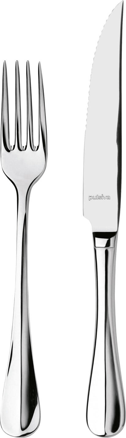 PULSIVA LUSINI Solutions GmbH Steak cutlery set Paris 24-piece Steakbesteck-Set Paris 24-teilig Steak cutlery set Paris 24-piece; silver, handle silver; 12 set / pack Steakbesteck-Set Paris 24-teilig; silber, Griff silber; 12 Set(s) / Pack 18/10 stainless steel (menu fork), pizza/steak knife made of 13/0 stainless steel, mirror polished. The Paris steak cutlery set for twelve people is designed for professional use in catering, hotels and steak restaurants. It offers a uniform, easy-care cutlery solution for meat dishes and enables smooth service in everyday catering thanks to robust materials and standardised dimensions. The steak cutlery set consists of twelve Paris dinner forks and twelve Paris pizza/steak knives. The catering-grade material thickness of 2.8 mm, measured at the thickest point of the dinner fork, supports safe handling and is designed for everyday use in service. The knives are suitable for steak, meat and pizza dishes and, thanks to their length of 23.3 cm, offer controlled guidance when cutting. The menu forks with a length of 20.1 cm are a functional addition to the set and can be easily integrated into existing cutlery ranges. The steak cutlery is dishwasher-safe and designed for professional cleaning processes. This means that the set can be cleaned efficiently and remains hygienic and ready for use even with frequent use - an advantage for businesses with a high volume of guests. Chrom-Edelstahl 18/10, rostfrei (Menügabel), Pizza-/Steakmesser aus Edelstahl 13/0, hochglanzpoliert. Das Steakbesteck-Set Paris für zwölf Personen ist für den professionellen Einsatz in Gastronomie, Hotellerie und Steakrestaurants konzipiert. Es bietet eine einheitliche, pflegeleichte Bestecklösung für Fleischgerichte und ermöglicht einen reibungslosen Service im täglichen Gastro-Alltag durch robuste Materialien und standardisierte Maße. Das Steakbesteck-Set besteht aus zwölf Menügabeln Paris und zwölf Pizza-/Steakmessern Paris. Die gastronomiegerechte Materialstärke von 2,8 mm, gemessen an der stärksten Stelle der Menügabel, unterstützt eine sichere Handhabung und ist auf den täglichen Einsatz im Service abgestimmt. Die Messer sind für Steak-, Fleisch- und Pizza-Gerichte geeignet und bieten durch ihre Länge von 23,3 cm eine kontrollierte Führung beim Schneiden. Die Menügabeln mit einer Länge von 20,1 cm ergänzen das Set funktional und lassen sich problemlos in bestehende Besteckserien integrieren. Das Steakbesteck ist spülmaschinenfest und auf professionelle Reinigungsprozesse ausgelegt. Dadurch lässt sich das Set effizient pflegen und bleibt auch bei häufiger Nutzung hygienisch und einsatzbereit – ein Vorteil für Betriebe mit hohem Gästeaufkommen.