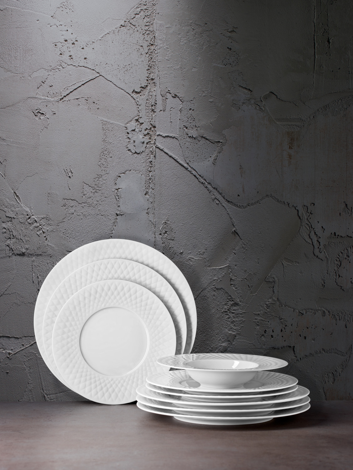 VEGA Bilbero Deep Plates Set of 6, White Porcelain, 23 cm Diameter, 260 ml Capacity, Diamond Relief Rim, Dishwasher and Microwave Safe