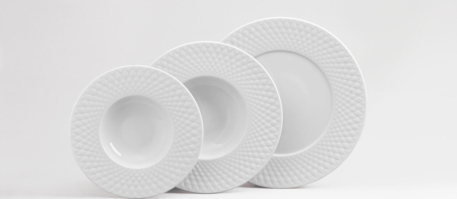 VEGA Bilbero Deep Plates Set of 6, White Porcelain, 23 cm Diameter, 260 ml Capacity, Diamond Relief Rim, Dishwasher and Microwave Safe