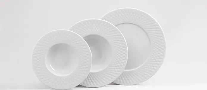 VEGA Bilbero Deep Plates Set of 6, White Porcelain, 23 cm Diameter, 260 ml Capacity, Diamond Relief Rim, Dishwasher and Microwave Safe