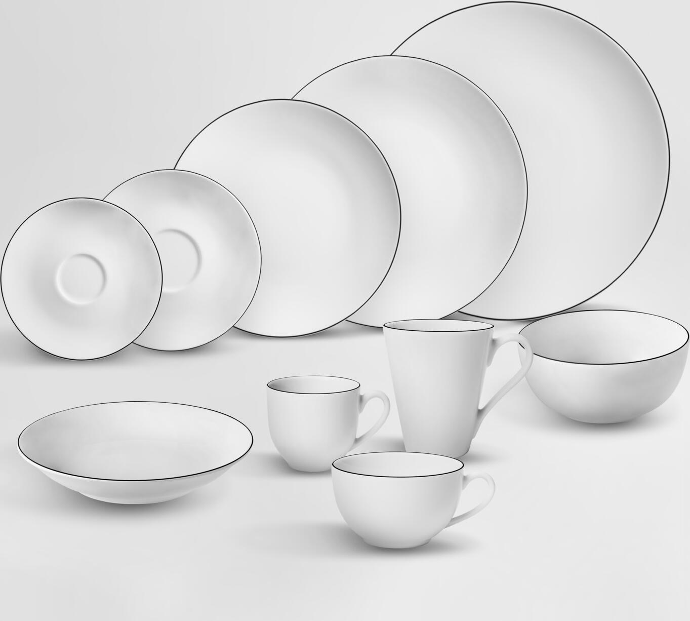 Set de 4 farfurii plate VEGA Bellino, 31 cm Rotunde din Porțelan, Albe cu Margine Neagră Pictată Manual, Sigure pentru Mașina de Spălat Vase și Cuptorul cu Microunde