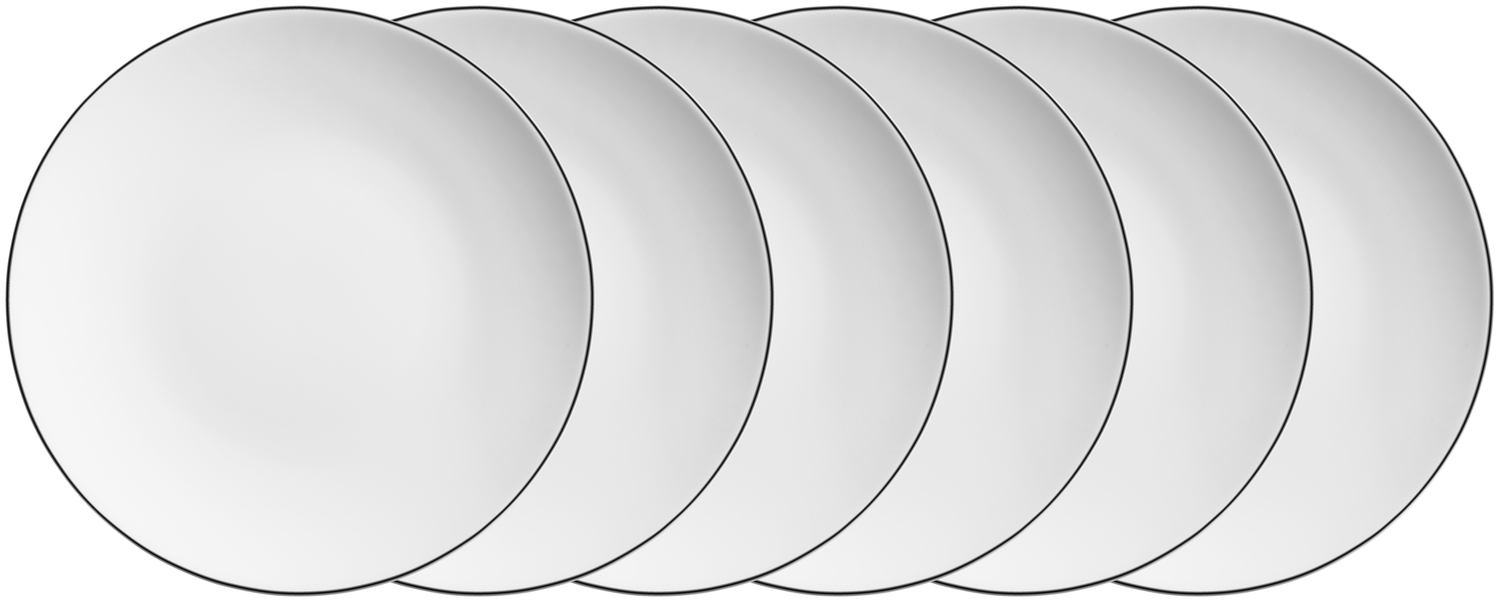 Set de 6 farfurii plate VEGA Bellino, 21 cm Porțelan Rotunde, Albe cu Margine Decorativă Neagră, Sigure pentru Mașina de Spălat Vase și Cuptorul cu Microunde