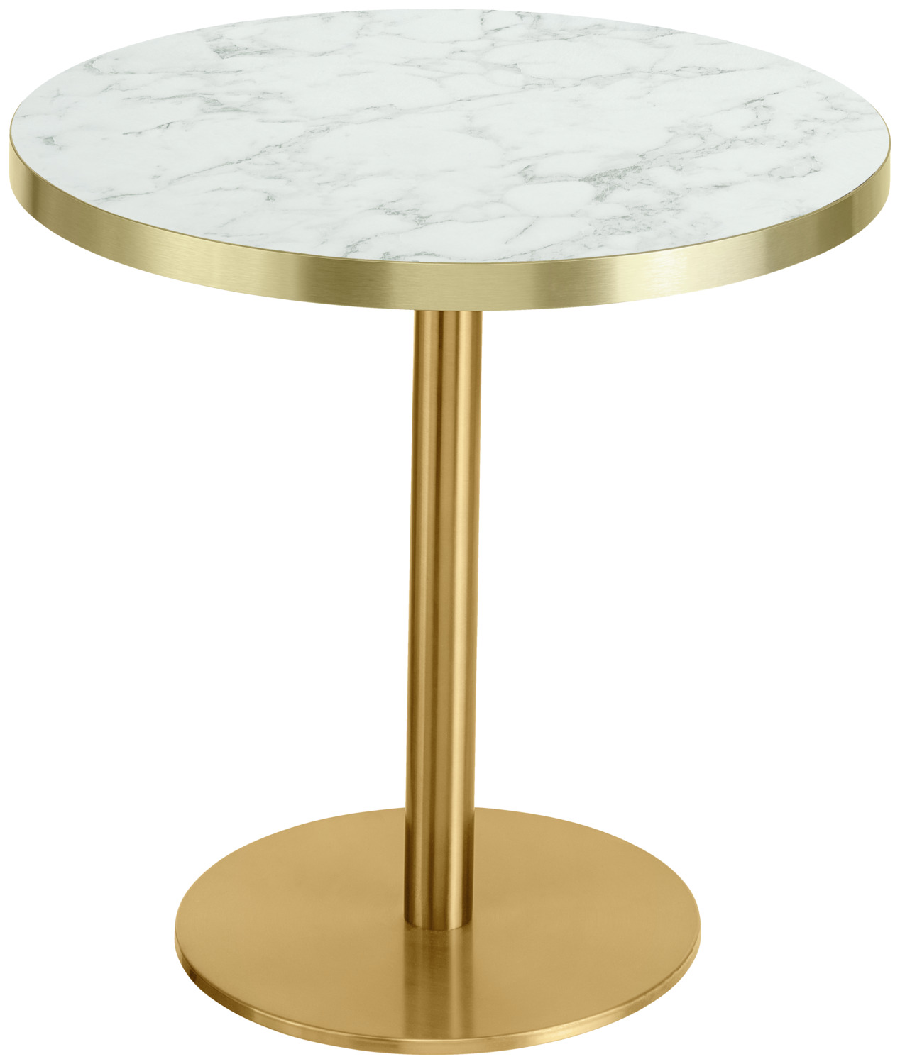 VEGA LUSINI Solutions GmbH Side table Marvani stainless steel table frame Beistelltisch Marvani Tischgestell Edelstahl Side table Marvani stainless steel table frame; 46.5x50 cm (HxØ); Table top white, base golden; round Beistelltisch Marvani Tischgestell Edelstahl; 46.5x50 cm (HxØ); Platte weiß, Gestell gold; rund Side table with table base in stainless steel, gold lacquered. Table top in marble look with gold brushed aluminium edges (2 mm). Supplied disassembled, including fixing material for the table base. Suitable for indoor use only. Beistelltisch mit Tischsäule in Edelstahl, gold lackiert. Tischplatte in Marmoroptik mit gold gebürsteten Aluminiumkanten (2 mm). Wird zerlegt geliefert, inklusive Befestigungsmaterial bei der Tischäule. Nur für den Innenbereich geeignet.