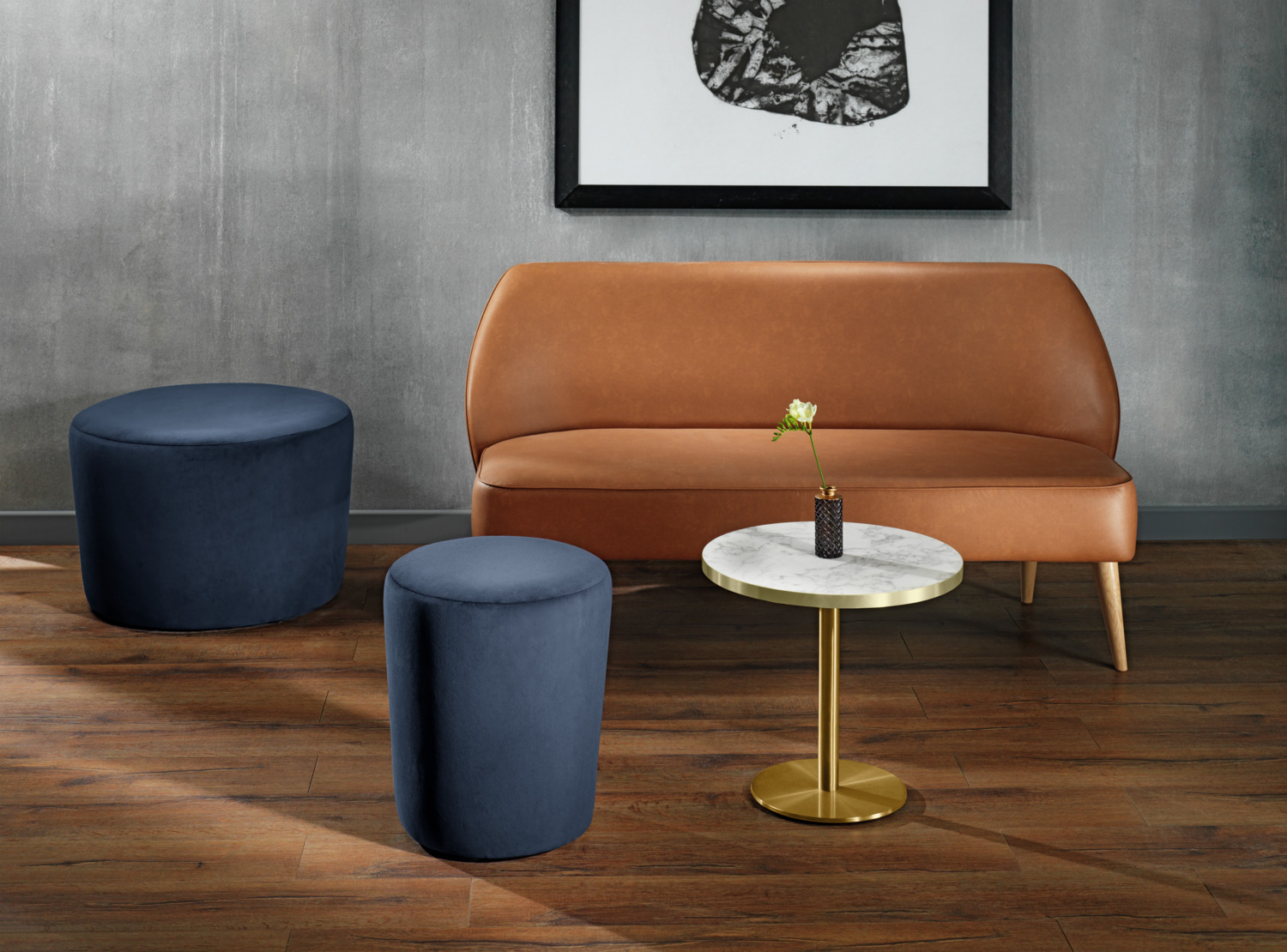 VEGA Marvani Round Side Table, White Marble Look Top with Gold Brushed Aluminium Edges, Gold Lacquered Stainless Steel Base, 50cm Diameter, 46.5cm Height