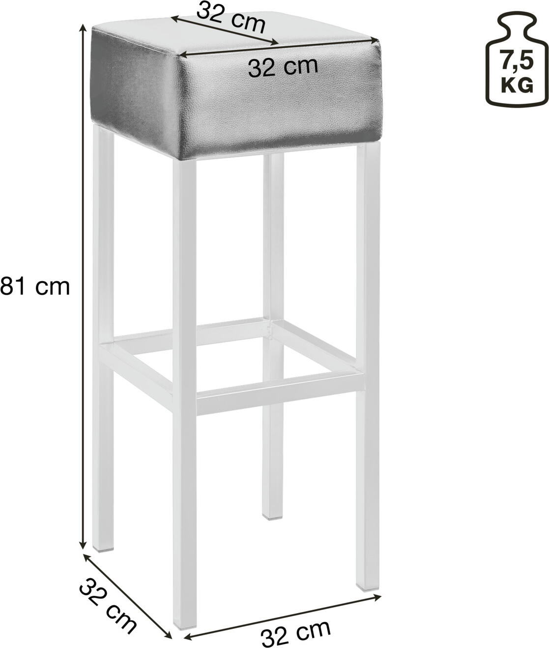 Set de 2 scaune de bar PULSIVA Cuba, scaun cu inima din piele ecologica neagra, cadru din otel vopsit electrostatic argintiu, 32x32x81 cm