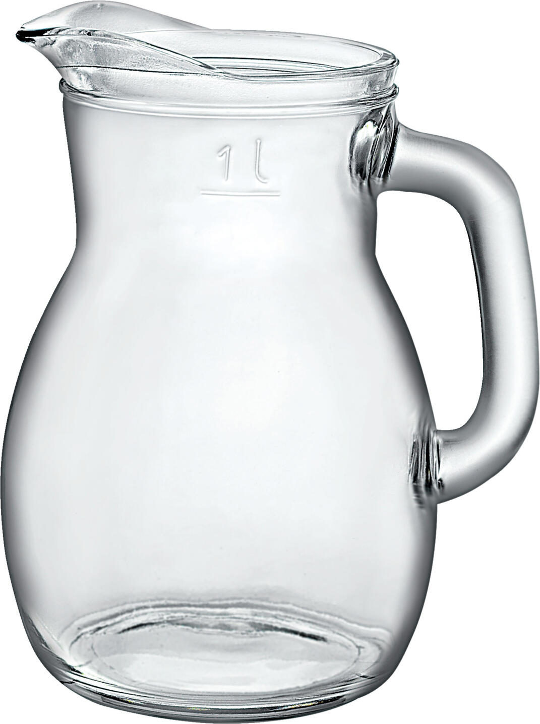Bormioli Rocco Bormioli Luigi S.p.A. Glass jug Bistrot Glas-Krug Bistrot Glass jug Bistrot; 1200 ml, 9.3x18.5 cm (ØxH); transparent; round; 1 l Filling line, 6 piece / pack Glas-Krug Bistrot; 1.2 l, 9.3x18.5 cm (ØxH); transparent; rund; 1 l Eichstrich, 6 Stück / Pack Simple pitcher made of robust glass. With handle and pourer. With filling line. Dishwasher safe. Robuster Krug aus Glas. Mit Henkel und Ausgießer. Mit Eichstrich. Spülmaschinenfest.