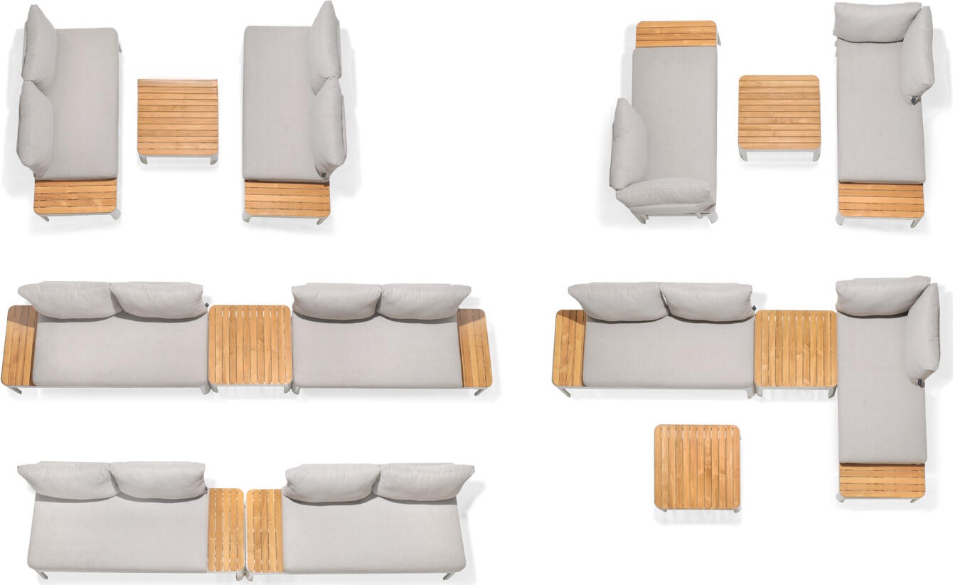 Masa laterala exterioara VEGA Amalfia, blat din lemn de teak netrat certificat FSC, cadru din aluminiu vopsit electrostatic gri deschis, 72x72x33 cm