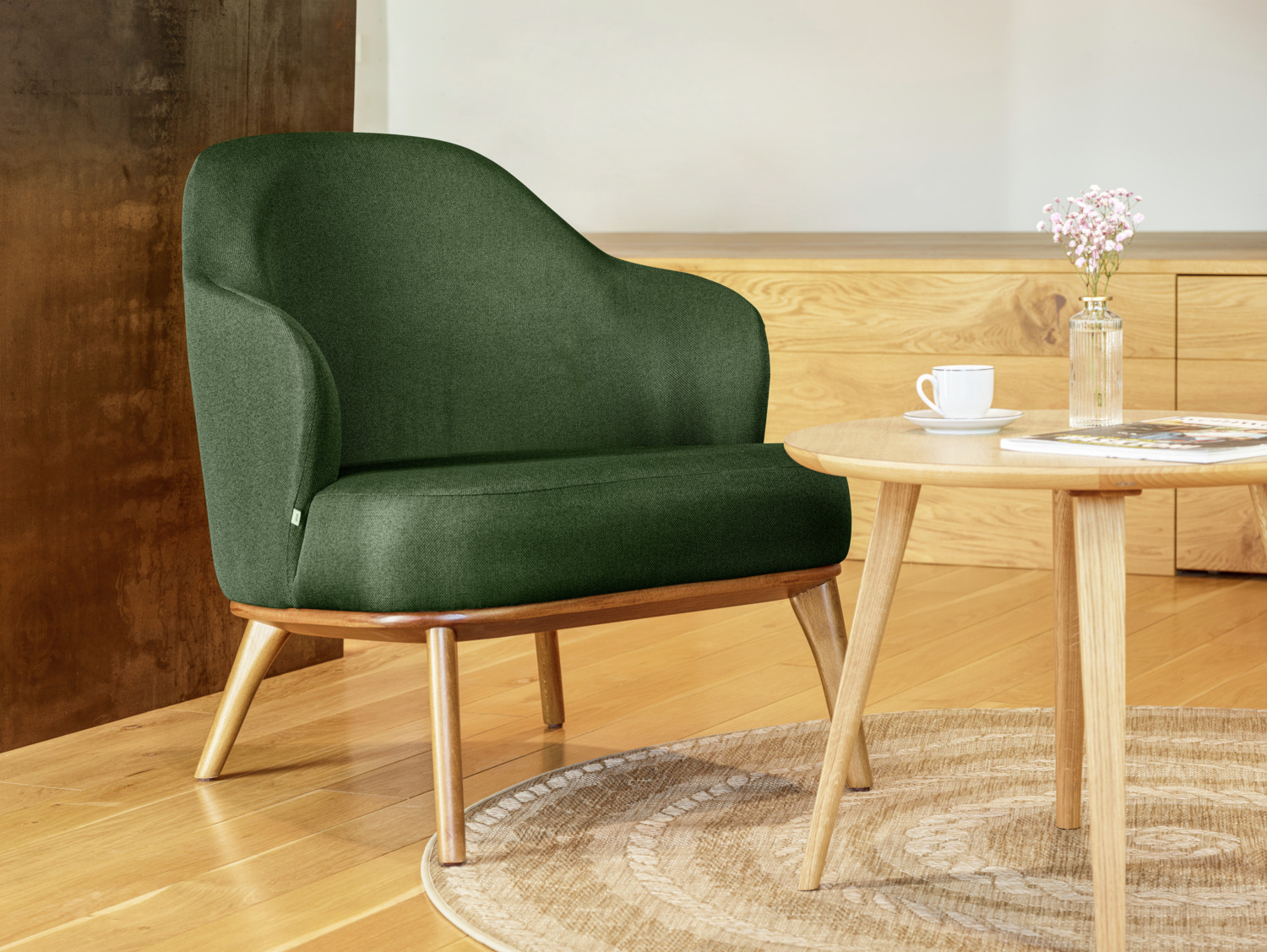 VEGA Gustav Lounge Armchair, Green Polyester Fabric, Beech Wood Frame, 70x78x79 cm, Fire-Retardant Cover, Designed by LUSINI