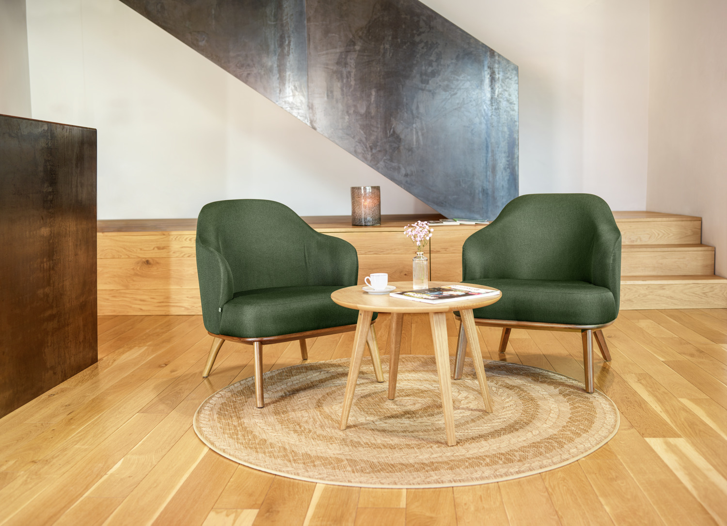 VEGA Gustav Lounge Armchair, Green Polyester Fabric, Beech Wood Frame, 70x78x79 cm, Fire-Retardant Cover, Designed by LUSINI