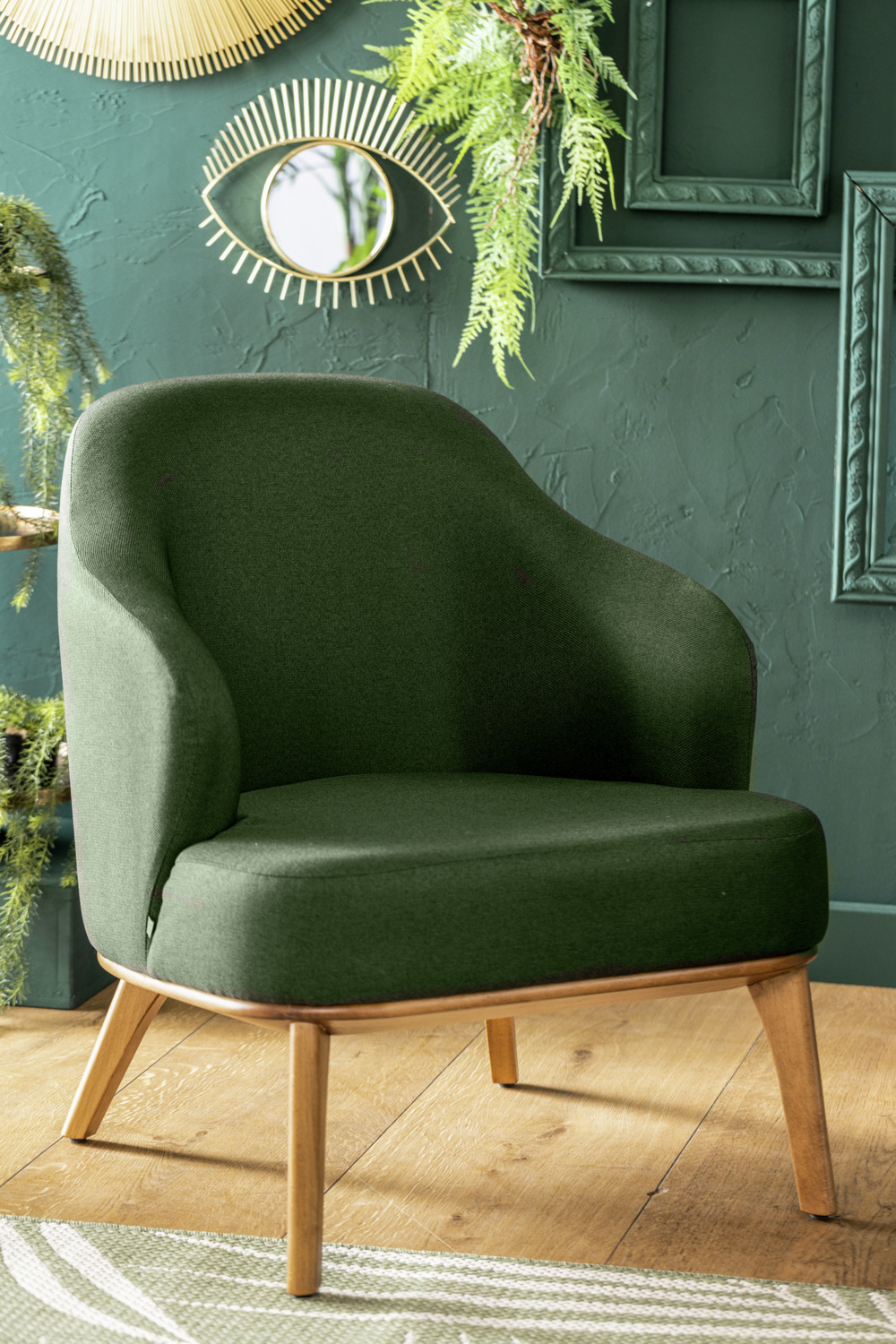 VEGA Gustav Lounge Armchair, Green Polyester Fabric, Beech Wood Frame, 70x78x79 cm, Fire-Retardant Cover, Designed by LUSINI