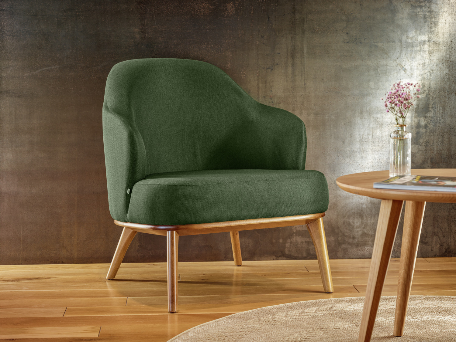 VEGA Gustav Lounge Armchair, Green Polyester Fabric, Beech Wood Frame, 70x78x79 cm, Fire-Retardant Cover, Designed by LUSINI