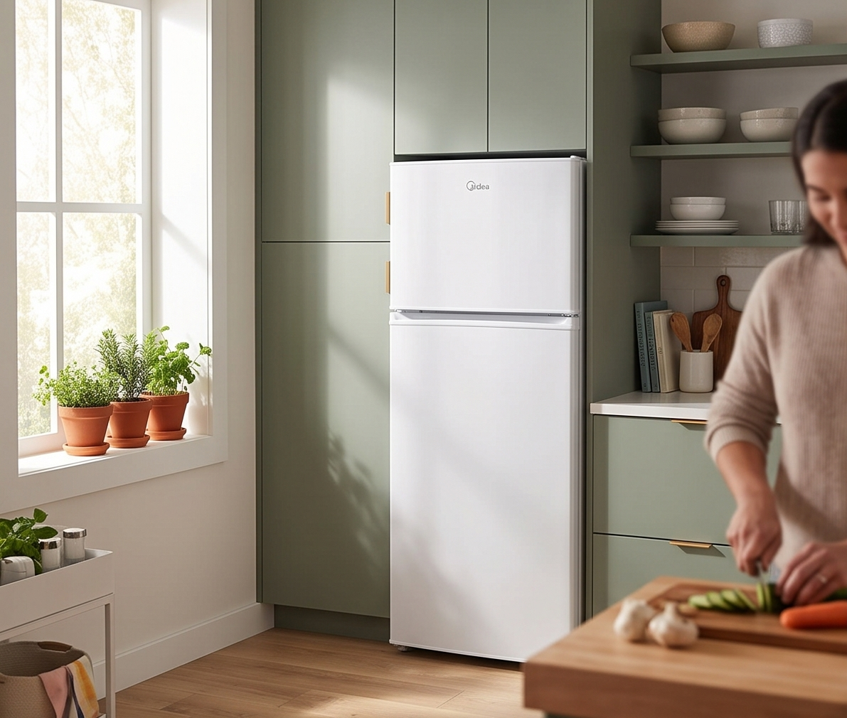 Midea MDRT294FGE01 Top-Freezer Refrigerator, 204L Total Capacity, Direct Cooling, Energy Class E, White, 144x55x55 cm, Reversible Door
