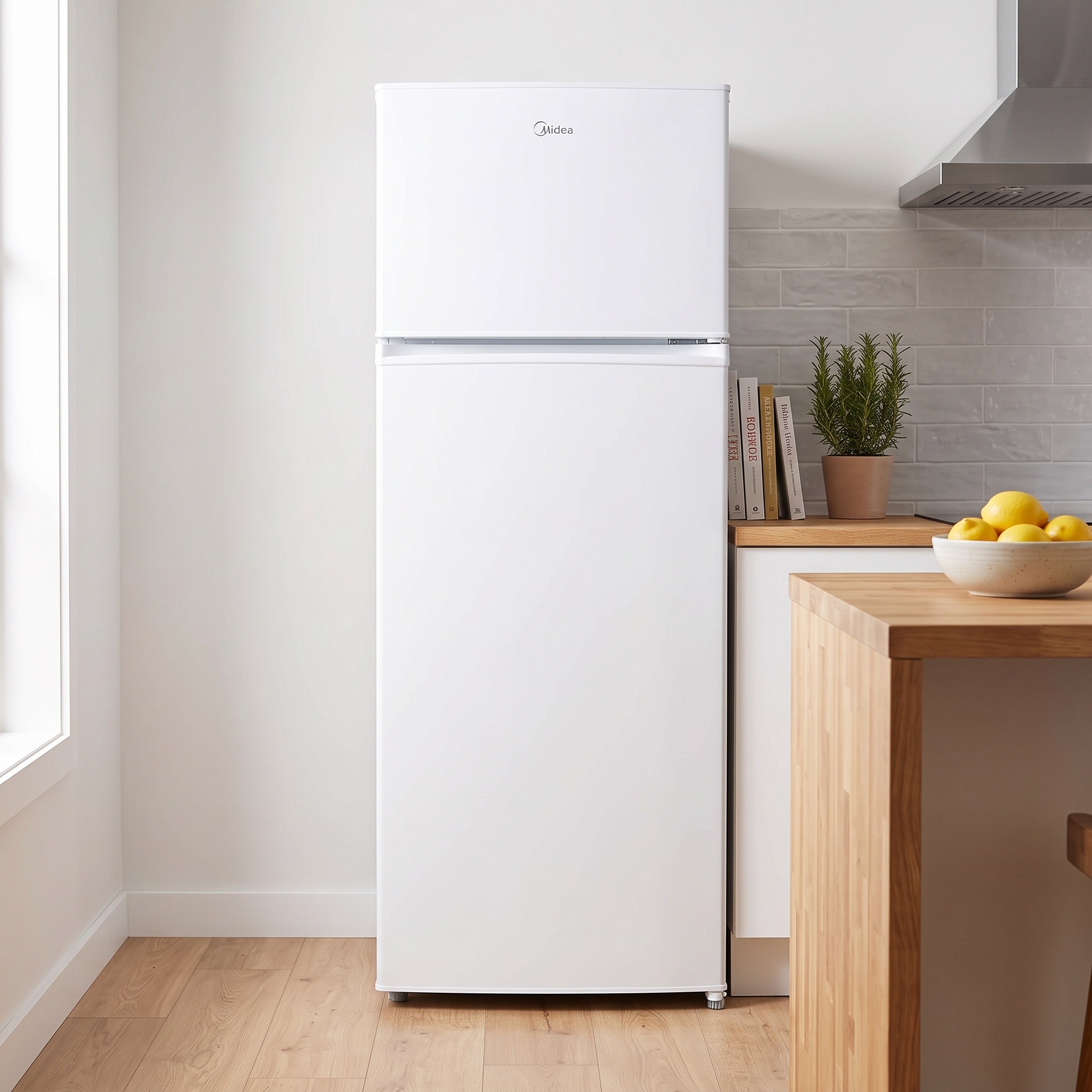 Midea MDRT294FGE01 Top-Freezer Refrigerator, 204L Total Capacity, Direct Cooling, Energy Class E, White, 144x55x55 cm, Reversible Door