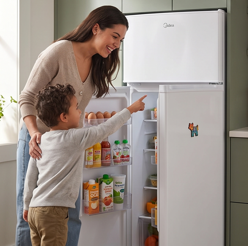 Midea MDRT294FGE01 Top-Freezer Refrigerator, 204L Total Capacity, Direct Cooling, Energy Class E, White, 144x55x55 cm, Reversible Door