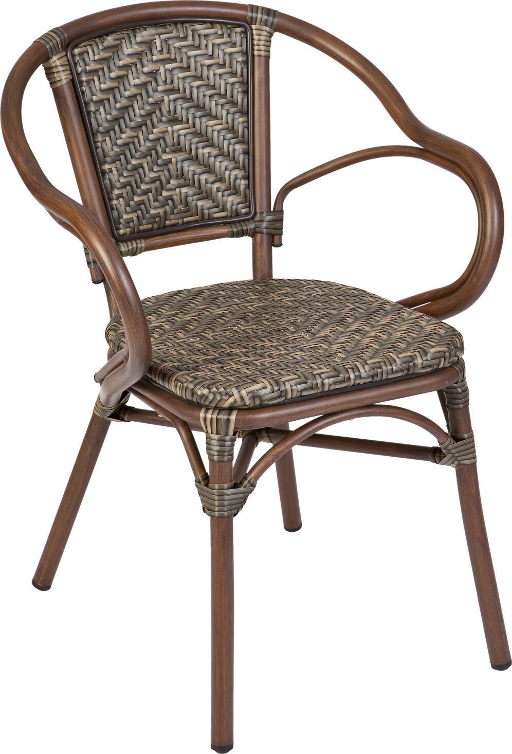 VEGA LUSINI Solutions GmbH Outdoor stacking chair Tolia with armrests Outdoor Stapelstuhl Tolia mit Armlehnen Outdoor stacking chair Tolia with armrests; 58x58x81.5 cm (WxDxH); seat tobacco, base dark-brown; 2 piece / pack Outdoor Stapelstuhl Tolia mit Armlehnen; 58x58x81.5 cm (BxTxH); Sitz tabak, Gestell dunkelbraun; 2 Stück / Pack Classic bistro chair with armrests made of powder-coated aluminum frame (wood look) and plastic mesh seat. With plastic glides on the chair legs. Stackable, weatherproof and UV-resistant. Suitable for outdoor use. Supplied assembled. Matching chairs without armrests can be ordered at the same time. Klassischer Bistrostuhl mit Armlehnen aus pulverbeschichtetem Aluminiumgestell (Holzoptik) und Sitzfläche aus Kunststoffgeflecht. Mit Kunststoffgleitern an den Stuhlbeinen. Stapelbar, wetterfest und UV-beständig. Für den Außenbereich geeignet. Lieferung erfolgt montiert. Passende Stühle ohne Armlehne gleich mitbestellen.