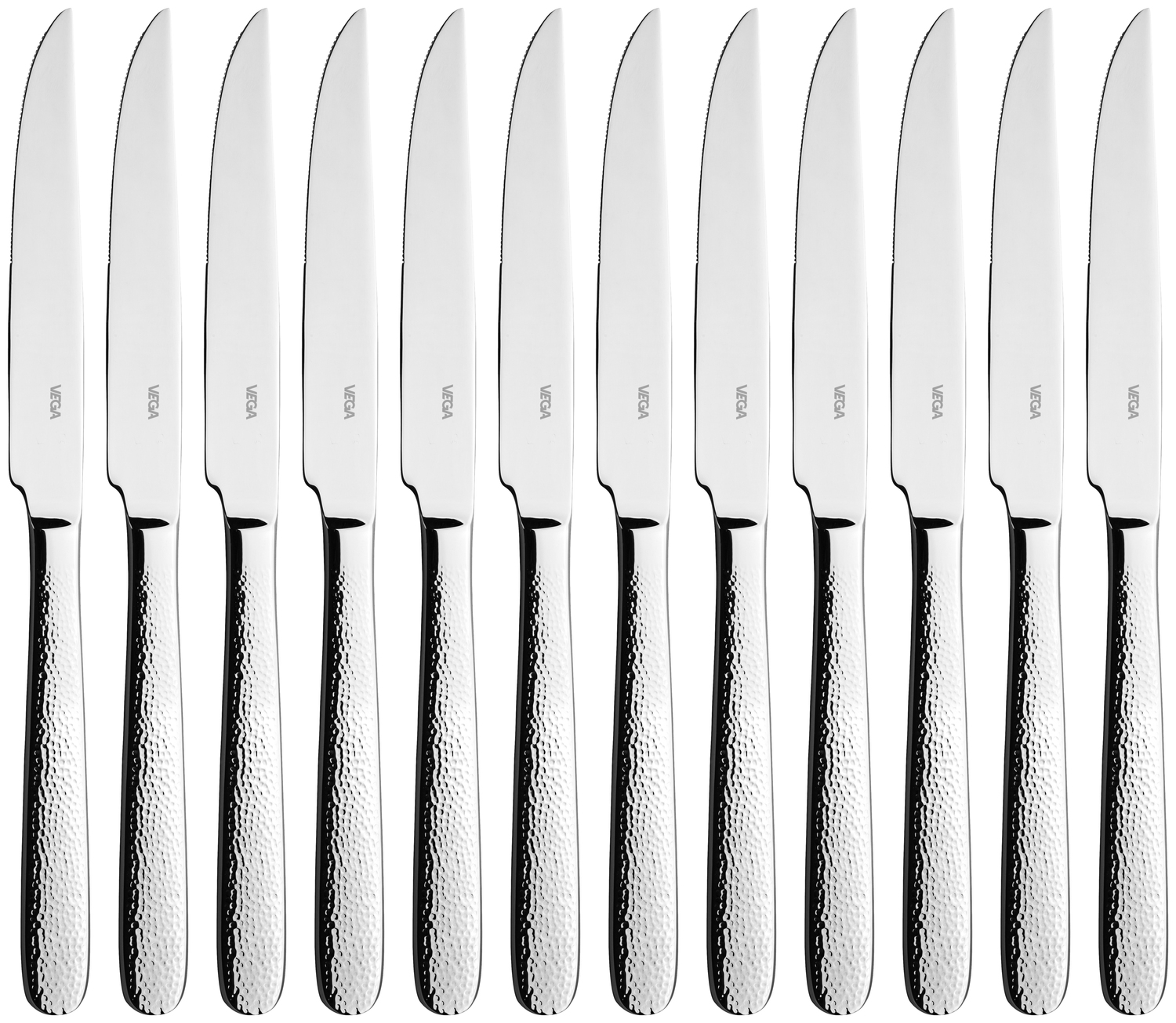 Set de 12 cutite pentru pizza si friptura VEGA Martello, otel inoxidabil crom 13/0, finisaj oglinda, relief ciocanit pe maner, 23.7 cm, argintiu