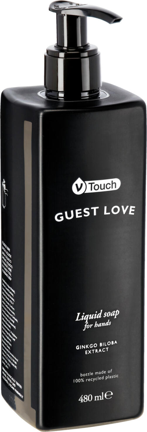 V-Touch LUSINI Solutions GmbH Hotel soap Guest Love in pump dispenser Hotelseife Guest Love im Pumpspender Hotel soap Guest Love in pump dispenser; 480 ml; amber; 18 piece / pack Hotelseife Guest Love im Pumpspender; 480 ml; bernstein; 18 Stück / Pack Mild V-Touch Guest Love liquid soap, cleans hands from dirt and bacteria and gently nourishes the skin. The lightly scented formula is enriched with ginkgo biloba extract. Dermatologically tested and pH neutral. The practical pump dispenser made of rPET can be refilled easily and flexibly. The entire packaging is 100% recyclable. Pump bottle capacity: 480 ml. Order matching holder separately. Milde V-Touch Guest Love Flüssigseife, reinigt die Hände von Schmutz und Bakterien und pflegt sanft die Haut. Die leicht duftende Formel ist mit Ginkgo-Biloba-Extrakt angereichert. Dermatologisch getestet und pH-neutral. Der praktische Pumpspender aus rPET lässt sich einfach und flexibel nachfüllen. Die gesamte Verpackung ist zu 100 % recycelbar. Pumpflasche Inhalt: 480 ml. Passende Halterung separat dazu bestellen.