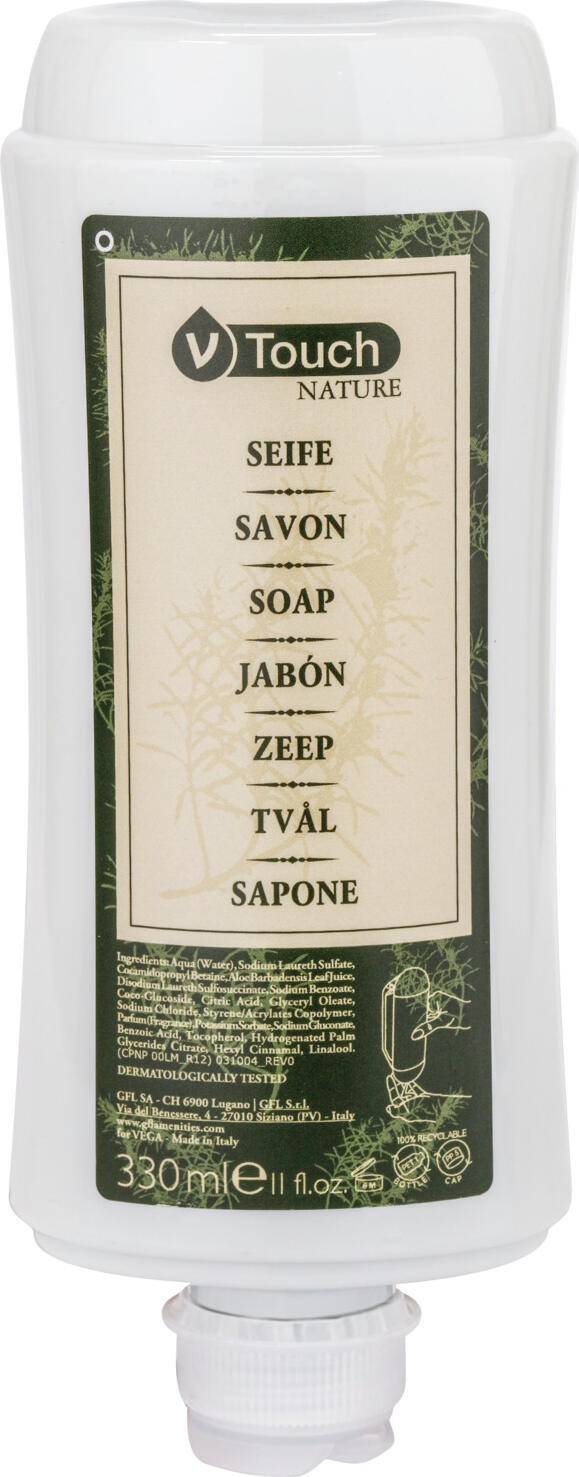 V-Touch LUSINI Solutions GmbH Hotel liquid soap Nature in dispenser system Hotel Flüssigseife Nature im Spendersystem Hotel liquid soap Nature in dispenser system; 330 ml; white; 24 piece / pack Hotel Flüssigseife Nature im Spendersystem; 330 ml; weiß; 24 Stück / Pack Fragrant V-Touch Nature liquid soap for gentle and invigorating cleansing of hands, body and face. It exudes a stimulating scent of bitter orange and bergamot, which provides an invigorating yet relaxing washing experience. Enriched with plant extracts of aloe vera. Excellent cleansing properties leave the skin feeling fresh and clean. Dermatologically tested. The dispenser bottle is made from 100% recycled material and is simply hung in the dispenser. It is removed by pressing lightly on the bottle. The dispenser bottle is also environmentally friendly and can be recycled after use. Dispenser bottle capacity: 330 ml. Order matching holder separately. Wohlduftende Flüssigseife V-Touch Nature für die sanfte und belebende Reinigung für Hände, Körper und Gesicht. Sie verströmt einen stimulierenden Duft von Bitterorange und Bergamotte, der für ein belebendes und zugleich entspannendes Wascherlebnis sorgt. Mit pflanzlichen Extrakten der Aloe Vera angereichert. Beste Reinigungseigenschaften hinterlassen ein frisches, sauberes Gefühl auf der Haut. Dermatologisch getestet. Die Spenderflasche ist aus 100 % recyceltem Material und wird in den Spender einfach eingehängt. Die Entnahme erfolgt durch leichten Druck auf die Flasche. Dazu ist die Spenderflasche umweltschonend und kann nach Gebrauch recycelt werden. Spenderflasche Inhalt: 330 ml. Passende Halterung separat dazu bestellen.