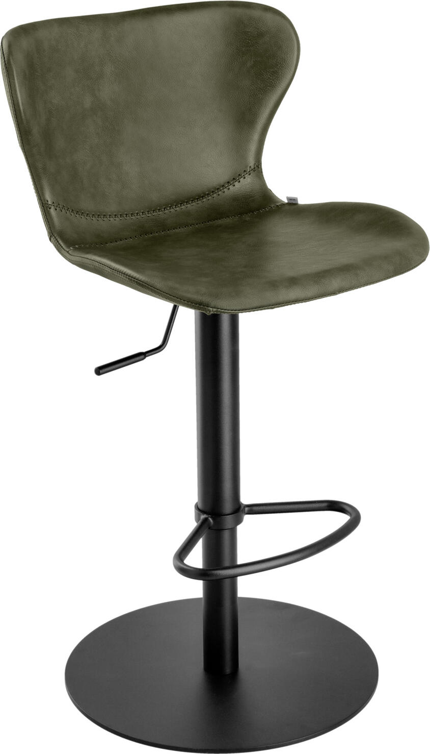VEGA LUSINI Solutions GmbH Bar stool Dallas Barstuhl Dallas Bar stool Dallas; 45x35x105 cm (WxDxH); seat olive, base black Barstuhl Dallas; 45x35x105 cm (BxTxH); Sitz oliv, Gestell schwarz Bar stool with seat made of imitation leather in vintage look and sturdy, powder-coated steel base with footrest in matt black finish. Seat rotates 360 degrees and is height-adjustable thanks to a gas pressure spring. Footrest always remains at the same distance from the seat (40 cm), infinitely variable seat height adjustment possible. Min. seat height 54 cm, max. seat height 79 cm, adjustable up to 25 cm. Only suitable for indoor use. Supplied disassembled, incl. fixing material. Barstuhl mit Sitzfläche aus Kunstleder im Vintage Look und stabilen, pulverbeschichteten Stahlfuß mit Fußstütze in mattschwarzer Oberfläche. Drehbarer Sitz um 360 Grad und höhenverstellbar durch eine Gasdruckfeder. Fußstütze bleibt immer auf gleichen Abstand zur Sitzfläche (40 cm), Sitzhöhenverstellung stufenlos möglich. Min. Sitzhöhe 54 cm, max. Sitzhöhe 79 cm, bis zu 25 cm verstellbar. Nur für den Innenbereich geeignet. Lieferung erfolgt zerlegt, inkl. Befestigungsmaterial.