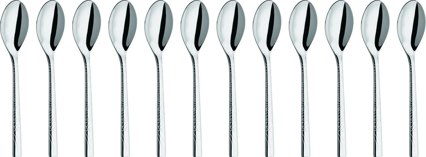 Set de 12 linguri de desert și început, VEGA Monastir, oțel inoxidabil 18/10 crom-nichel, finisaj oglindă, relief decorativ în formă de val, 18.5 cm, argintiu