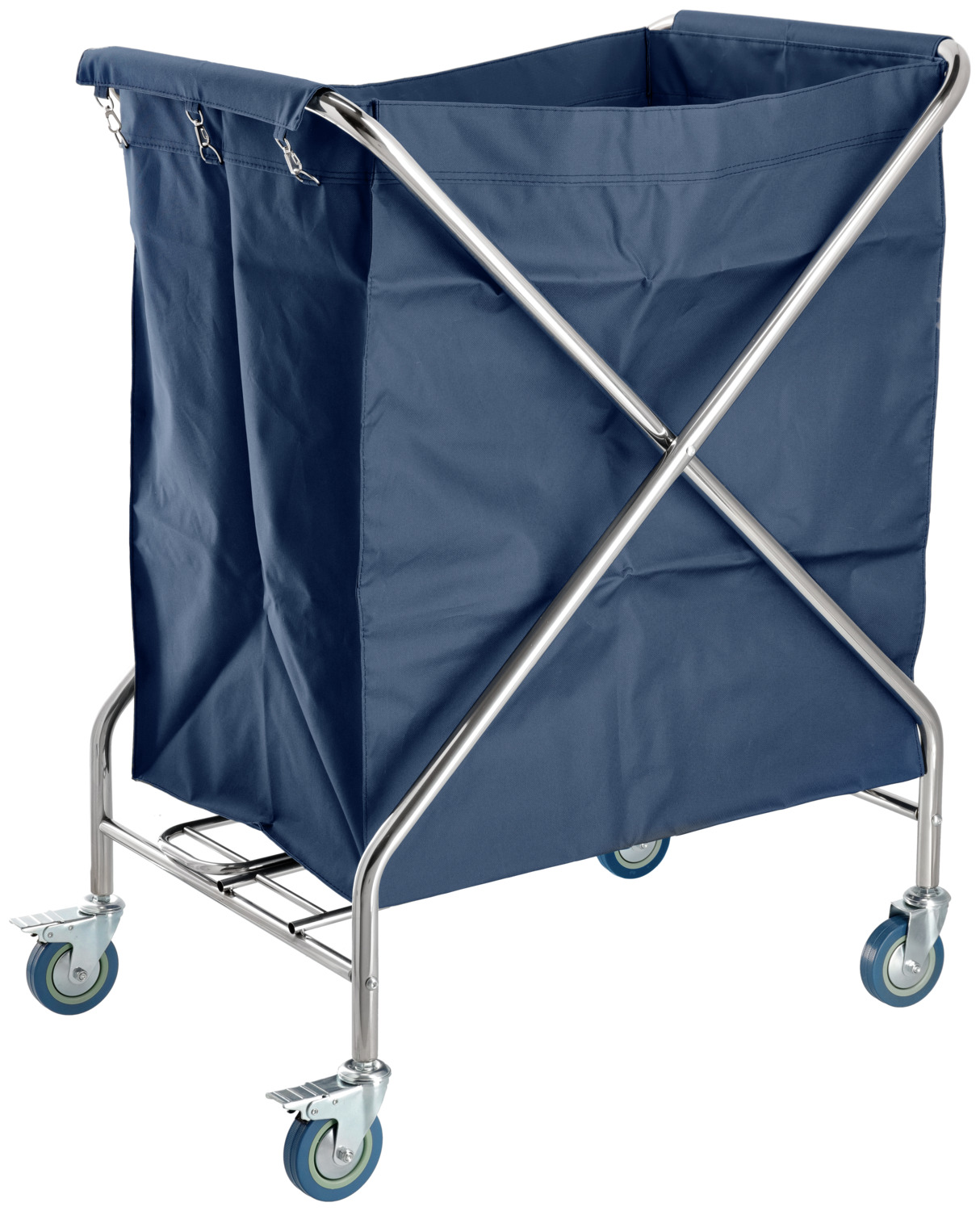 PULSIVA LUSINI Solutions GmbH Laundry trolley Aberdare Wäschewagen Aberdare Laundry trolley Aberdare; 55x77x102 cm (LxWxH); blue Wäschewagen Aberdare; 55x77x102 cm (LxBxH); blau Folding laundry cart made of stainless steel with removable laundry bag made of cotton with PVC coating. With wheels, two of which are with parking brake. Maximum load capacity of 100 kg. Supplied disassembled, easy assembly. Klappbarer Wäschewagen aus rostfreiem Edelstahl mit herausnehmbarem Wäschesack aus Baumwolle mit PVC Beschichtung und Rollen aus Polypropylen. Mit vier Rollen (Durchmesser 10 cm), zwei davon sind mit Feststellbremse. Maximale Tragkraft von 100 kg. Wird zerlegt geliefert, einfache Montage.