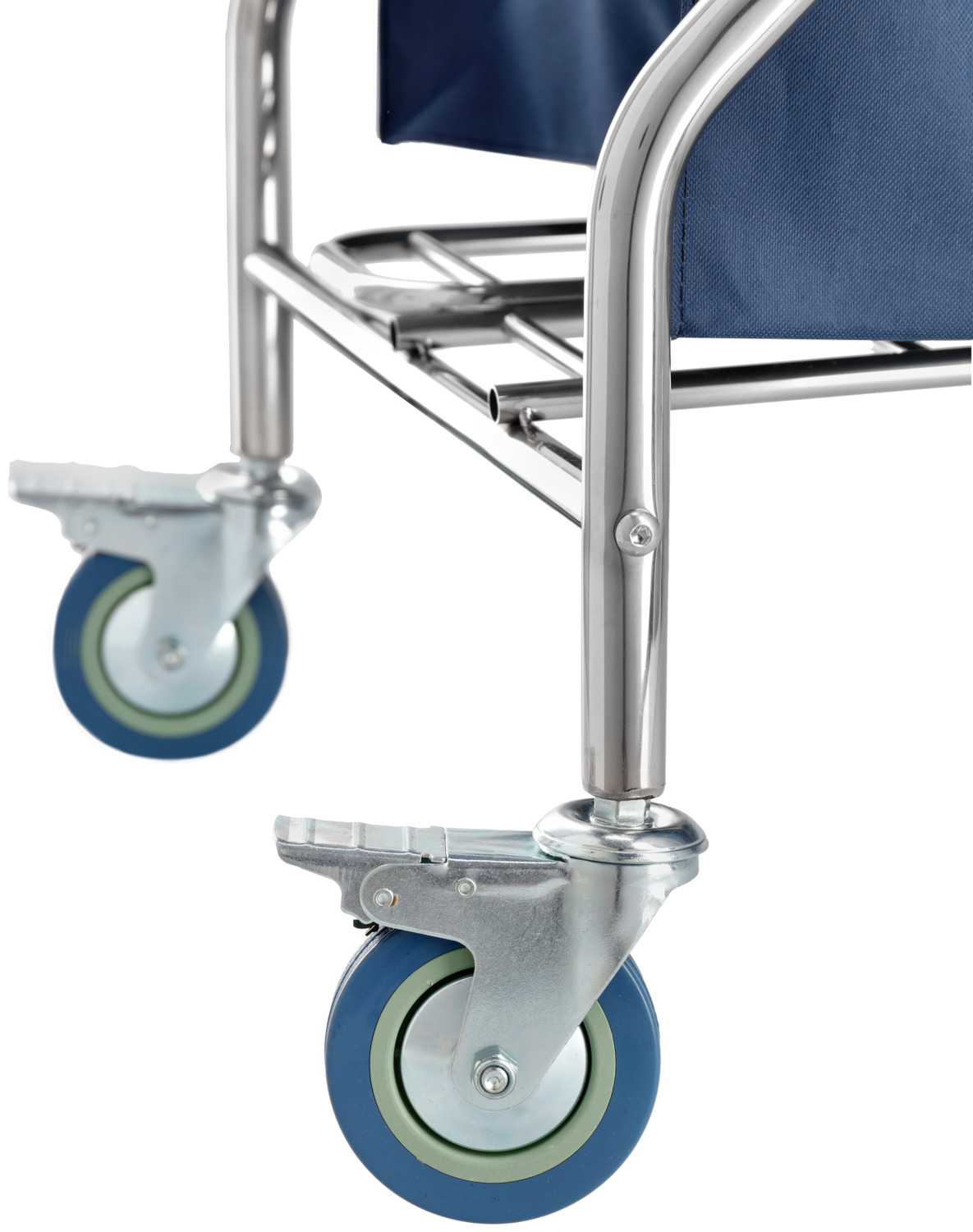 PULSIVA Aberdare Laundry Trolley, Stainless Steel Folding Frame, Removable PVC Coated Cotton Bag, 4 Polypropylene Wheels with 2 Brakes, 55x77x102 cm, Blue