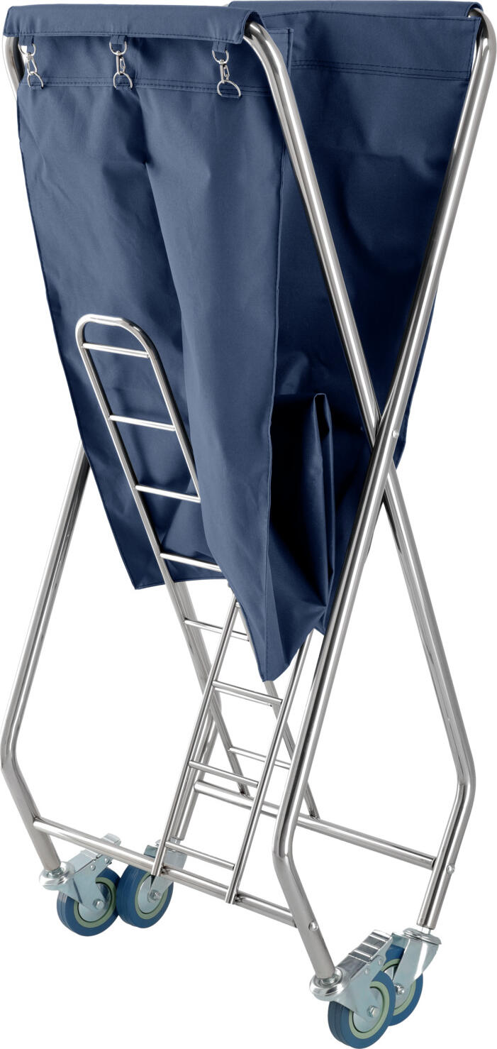 PULSIVA Aberdare Laundry Trolley, Stainless Steel Folding Frame, Removable PVC Coated Cotton Bag, 4 Polypropylene Wheels with 2 Brakes, 55x77x102 cm, Blue