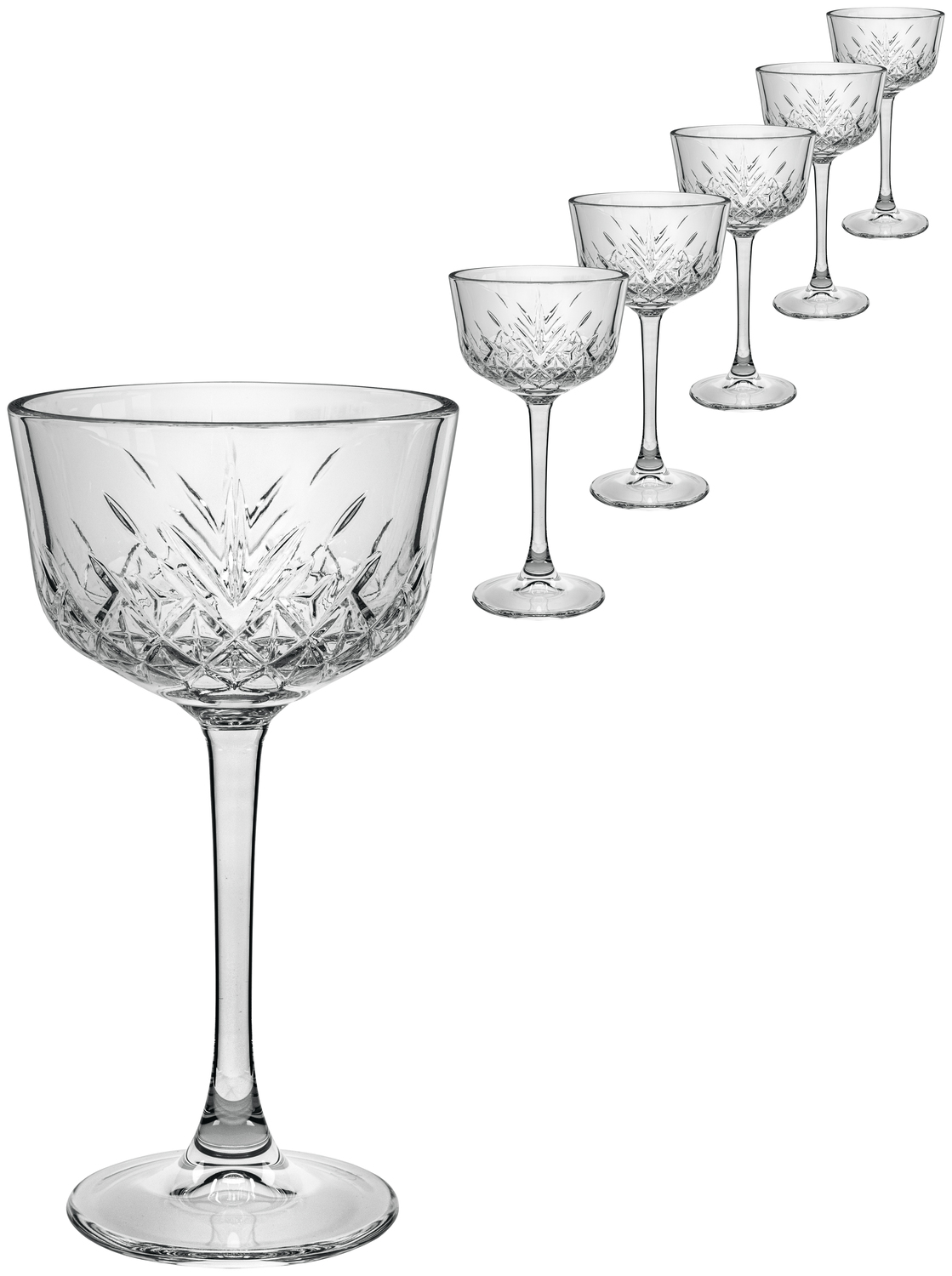 Pahare de cocktail Pasabahce Timeless Nick & Nora, 160 ml, Sticla transparenta cu model reliefat, Calitate superioara, Set de 4 piese