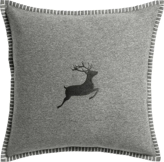 Husa perna ERWIN M. LUSINI Cornus, 45 x 45 cm, Poliester Gri cu Efect de Feltru, Motiv Cerb Brodat cu Cusatura in Lant, Fermoar
