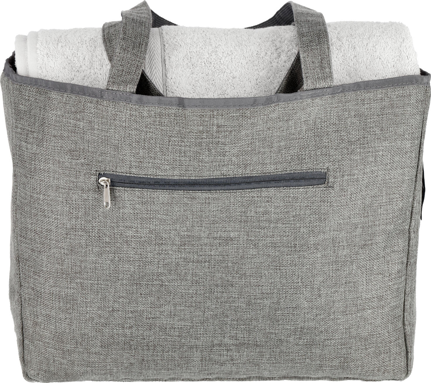 ERWIN M. LUSINI Solutions GmbH Wellness bag Rula Wellnesstasche Rula Wellness bag Rula; 35x35x15 cm (LxHxD); grey Wellnesstasche Rula; 35x35x15 cm (LxHxT); grau 100% polyester. High-quality wellness bag for use at spas. With water-repellent plastic layer inside. Small outer pocket with zipper as well as card compartment. 100 % Polyester. Hochwertige Wellnesstasche für den Spabereich. Mit wasserabweisender Kunststoff-Schicht im Inneren. Kleine Außentasche mit Reißverschluss, sowie Kartenfach.