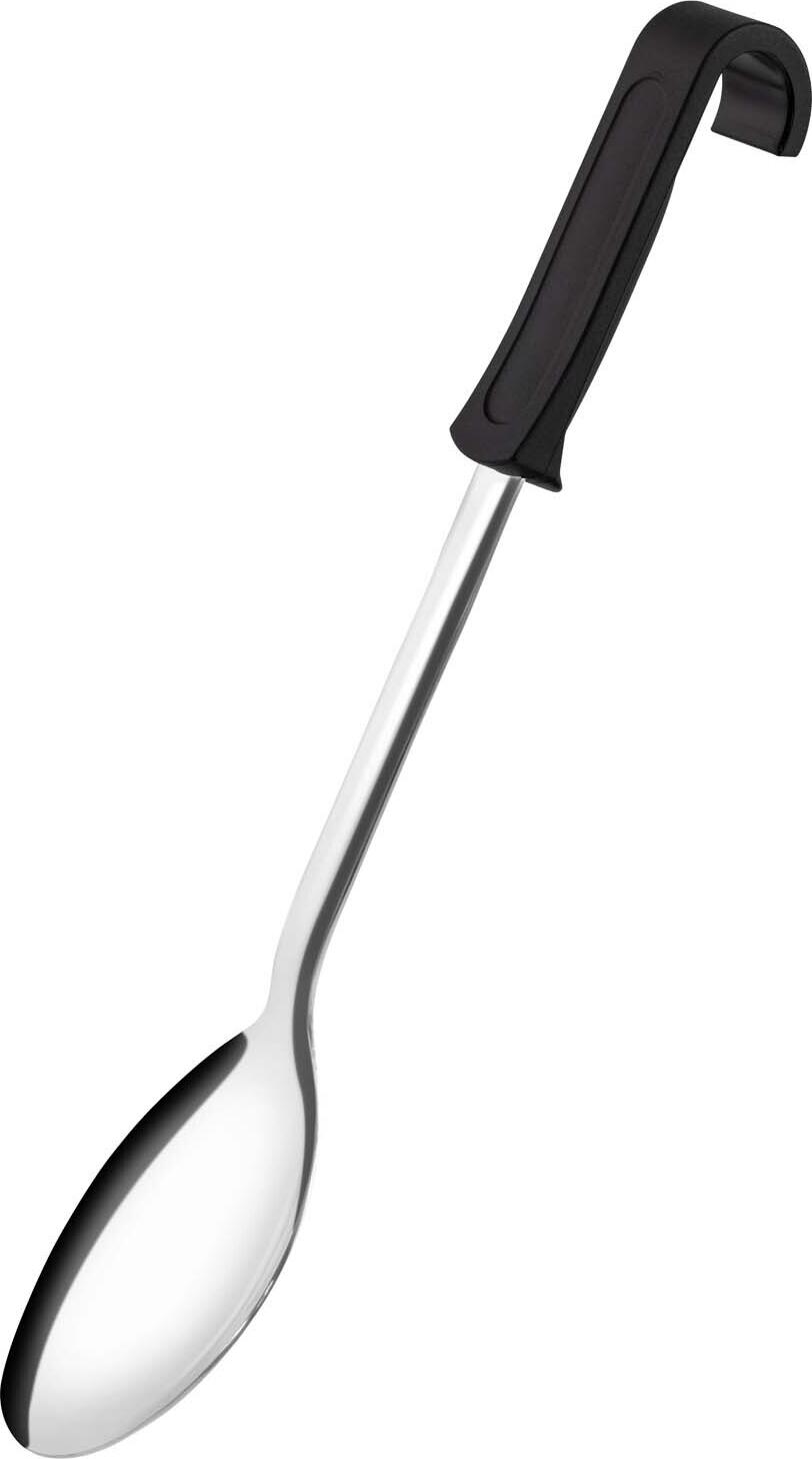 APS Assheuer + Pott GmbH & Co. KG Serving spoon Servierlöffel Serving spoon; 34 cm (L); black/silver Servierlöffel; 34 cm (L); schwarz/silber Black handle, heat-resistant up to 120°C. The serving spoon from APS is extremely heat-resistant and the handle is absolutely non-slip. The pre-moulded recess at the end of the handle is suitable for attaching it to the edge of the pot or GN container. Der Servierlöffel ist ein zuverlässiger Helfer zum Portionieren und Servieren von Speisen in Gastronomie, Catering und privater Küche. Der ergonomische, rutschfeste Griff liegt sicher in der Hand und unterstützt komfortables Arbeiten im täglichen Einsatz. Die integrierte STOP-Funktion verhindert ein Abrutschen in Schüsseln oder Behälter. Die robuste Materialkombination ist pflegeleicht und für den regelmäßigen Gebrauch bestens geeignet. * Material: Edelstahl und Polypropylen * Ergonomischer Griff * Rutschfester Griff * Mit STOP-Funktion * Zum Portionieren und Servieren geeignet * Ideal für Gastronomie, Catering und Zuhause * Spülmaschinengeeignet
