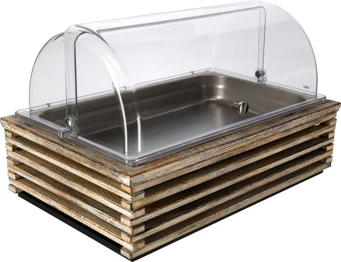 VEGA Natchez Buffet Display Cabinet, GN 1/1 Stainless Steel Container, Vintage White Solid Wood Box, Unbreakable Tritan Roll-top Cover, 57.5x37x27.7 cm