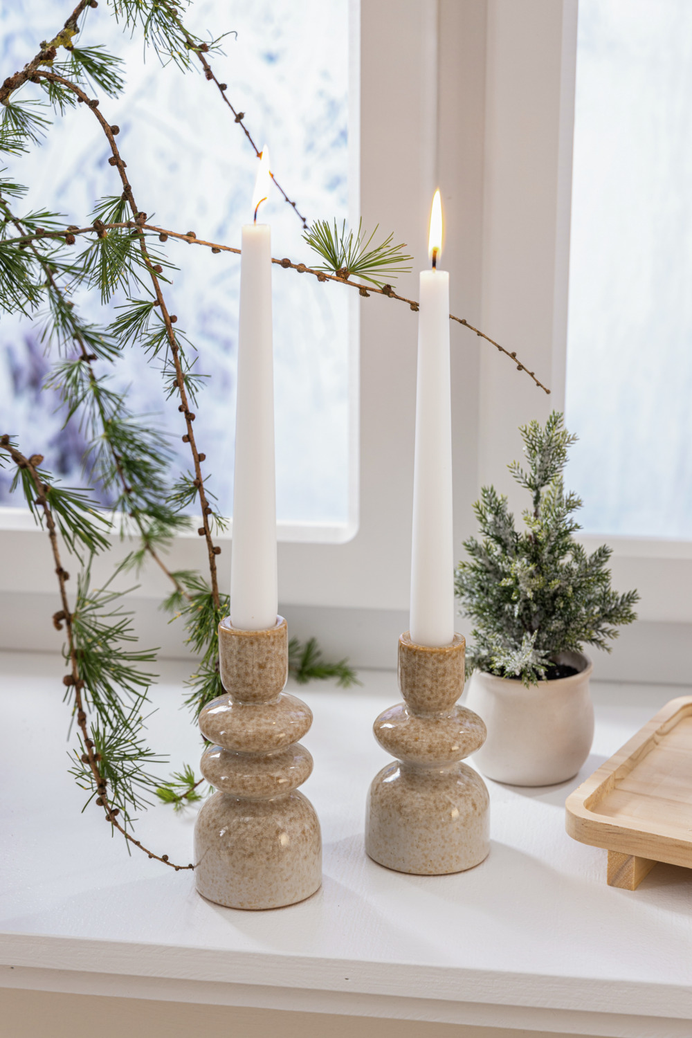 Vega Attila Taper Candle Holder, Speckled Beige-Brown Porcelain, Tiered Rounded Design, 6.6 cm Diameter x 14.3 cm Height