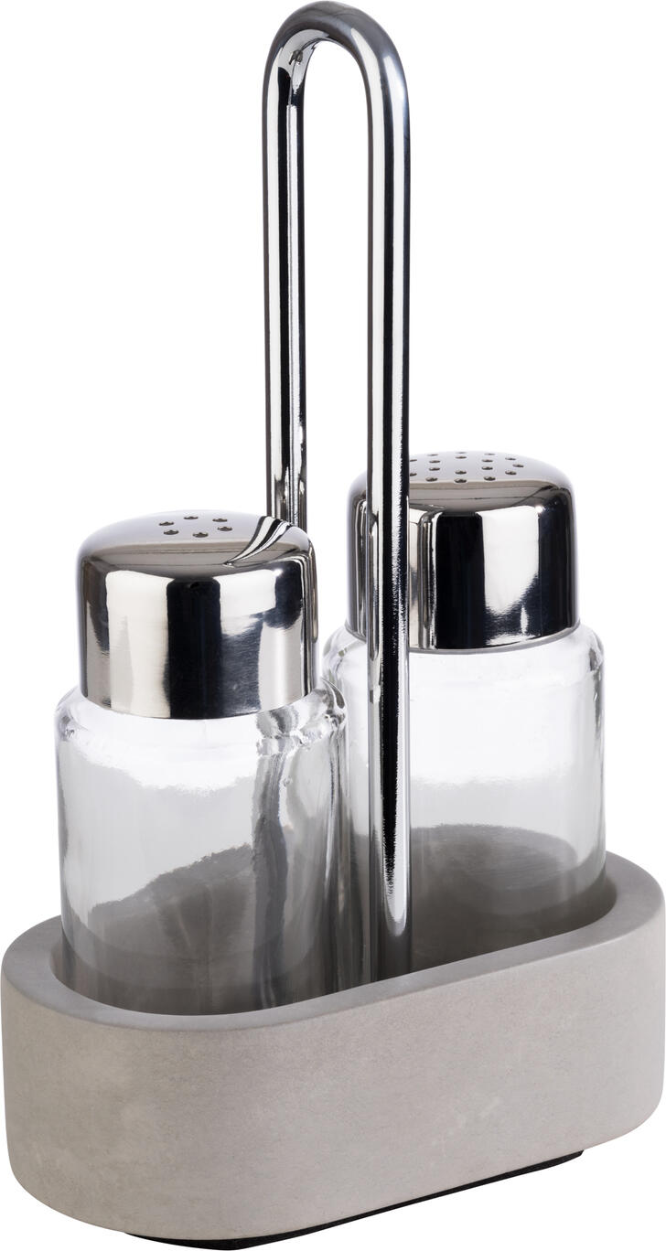 APS Assheuer + Pott GmbH & Co. KG Pepper/salt cruet Pfeffer-/Salz-Menage Element Pepper/salt cruet; 6x17 cm (WxH); grey Pfeffer-/Salz-Menage Element; 6x17 cm (BxH); grau Pepper/salt cruet made of stone, metal and stainless steel. Plus two glass shakers. Die Menage ELEMENT bietet eine stilvolle und praktische Lösung zum Bereitstellen von Salz und Pfeffer am gedeckten Tisch, im Restaurant oder im Frühstücksbereich. Die Kombination aus stabiler Basis und klassischen Streuern sorgt für eine hochwertige Präsentation und komfortable Nutzung im Alltag. Die möbelschonende Unterseite schützt empfindliche Oberflächen und macht die Menage besonders geeignet für den professionellen Service. * Material: Beton, Metall, Glas und Edelstahl * Set mit Basis sowie Pfeffer- und Salzstreuer * Für Restaurant, Frühstücksbereich und Tischservice geeignet * Möbelschonende Unterseite zum Schutz von Oberflächen * Hochwertige Ausführung für eine ansprechende Präsentation * Feucht abwischbar