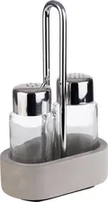 APS Assheuer + Pott GmbH & Co. KG Pepper/salt cruet Pfeffer-/Salz-Menage Element Pepper/salt cruet; 6x17 cm (WxH); grey Pfeffer-/Salz-Menage Element; 6x17 cm (BxH); grau Pepper/salt cruet made of stone, metal and stainless steel. Plus two glass shakers. Die Menage ELEMENT bietet eine stilvolle und praktische Lösung zum Bereitstellen von Salz und Pfeffer am gedeckten Tisch, im Restaurant oder im Frühstücksbereich. Die Kombination aus stabiler Basis und klassischen Streuern sorgt für eine hochwertige Präsentation und komfortable Nutzung im Alltag. Die möbelschonende Unterseite schützt empfindliche Oberflächen und macht die Menage besonders geeignet für den professionellen Service. * Material: Beton, Metall, Glas und Edelstahl * Set mit Basis sowie Pfeffer- und Salzstreuer * Für Restaurant, Frühstücksbereich und Tischservice geeignet * Möbelschonende Unterseite zum Schutz von Oberflächen * Hochwertige Ausführung für eine ansprechende Präsentation * Feucht abwischbar