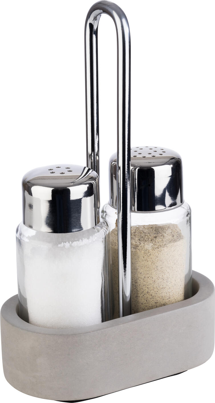 APS Element Menage Salt and Pepper Set of 3 Pieces, Concrete Base, Stainless Steel and Glass, Grey, 6 x 17 cm