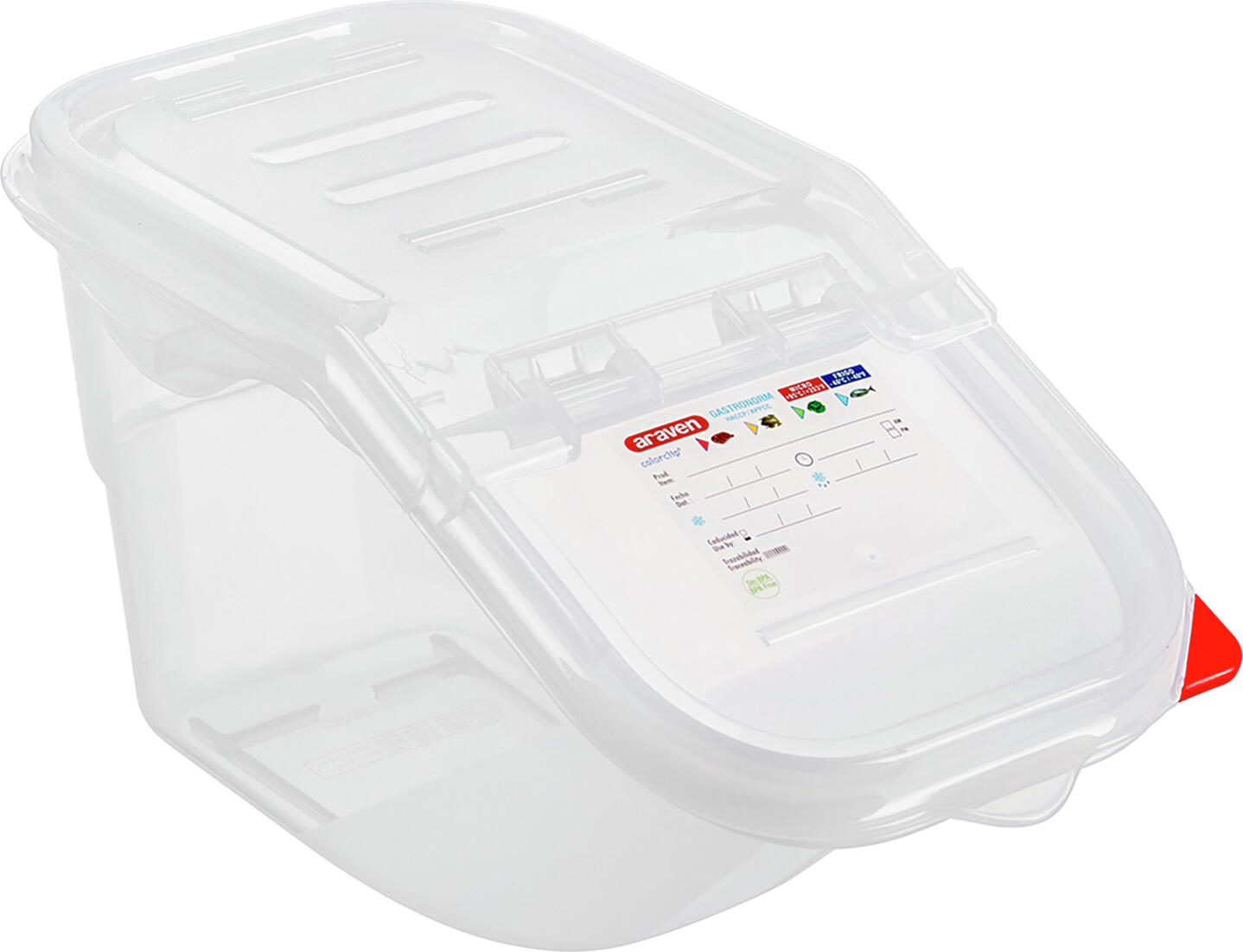 Araven Araven Food Safety innovation Universal container Fifo GN 1/3 Universalbehälter Fifo GN 1/3 Universal container Fifo GN 1/3; size GN 1/3, 7 l, 20x39.5x39.5 cm (LxWxD); transparent Universalbehälter Fifo GN 1/3; Größe GN 1/3, 7 l, 20x39.5x39.5 cm (LxBxT); transparent Easy-access GN 1/3 universal container for use in a FIFO system (first in first out). Ideal for storing dry goods, nuts, pasta, rice, etc. All of the container lids can still be opened, even when the containers are stacked. HACCP-compliant thanks to color-coded clips. Front with viewing window and label that can be written on. Suitable for dishwashers. Leicht zugänglicher GN 1/3 Universalbehälter nach dem Fifo-System (first in first out). Ideal für die Lagerung von Trockenwaren, Nüssen, Nudeln, Reis u.v.m. Auch gestapelt lassen sich alle Deckel der Behälter öffnen. HACCP geeignet durch Farbcodeklips. Sichtfenster mit beschriftbarem Etikett an der Vorderseite. Spülmaschinengeeignet.