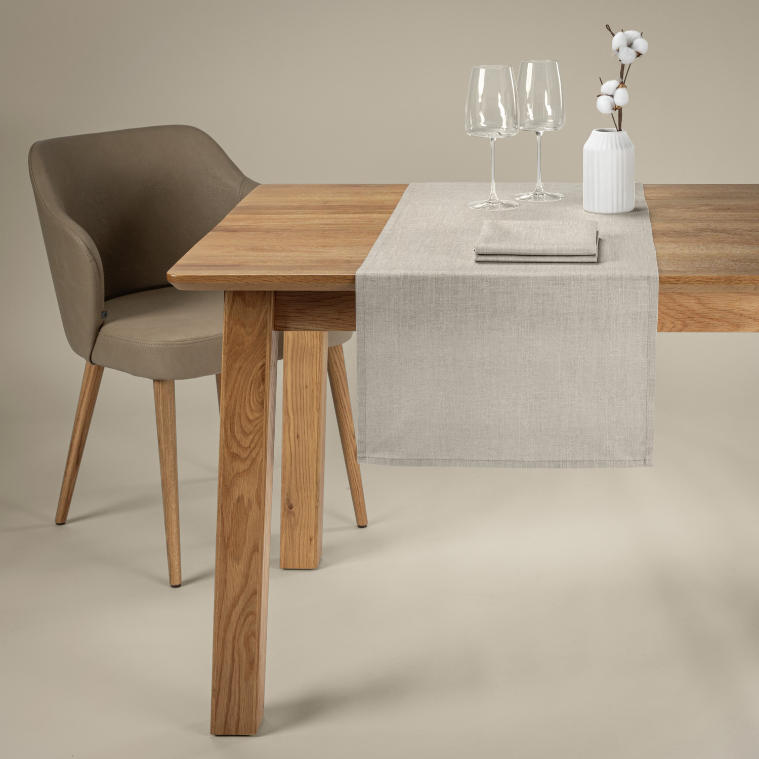 ERWIN M. LUSINI Yardware Ledana Table Runner Fabric by the Metre, 320 cm Width, Polyester Linen Blend, Textured Sand, OEKO-TEX Standard 100