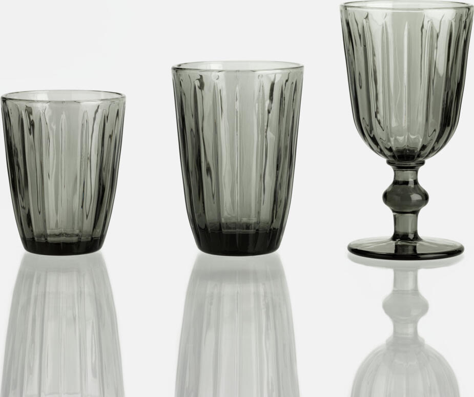 VEGA Marlene Water Glass Set of 6, 240 ml, Grey Solid Colored Glass with Relief Design, Dishwasher Safe, 8 cm Diameter, 10 cm Height