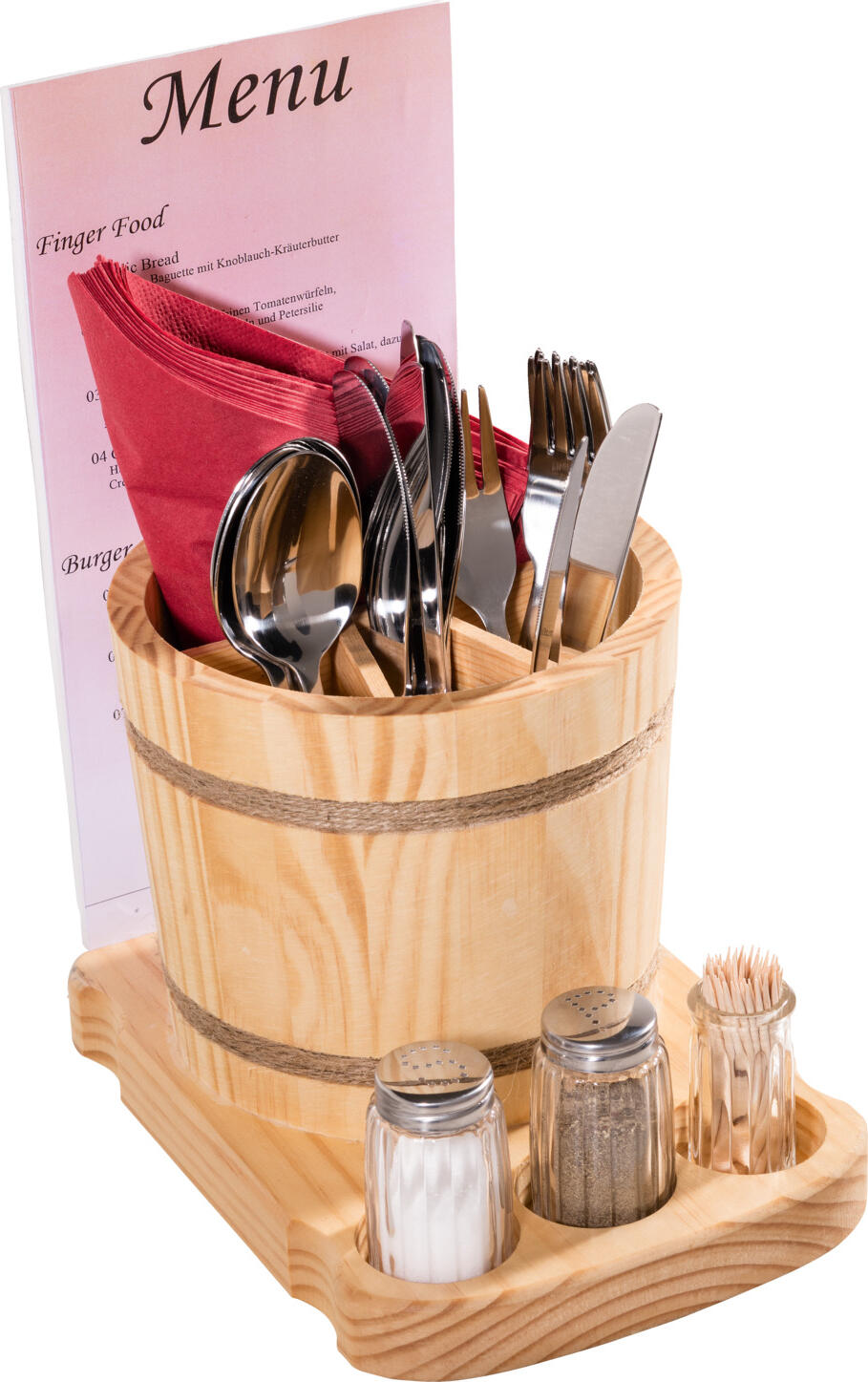 Pulsiva Brio Cutlery Tray, Pine Wood Table Organizer with 4 Compartments, Shaker Cut-outs and Card Slot, Natural, 24.5 x 16.5 x 22 cm